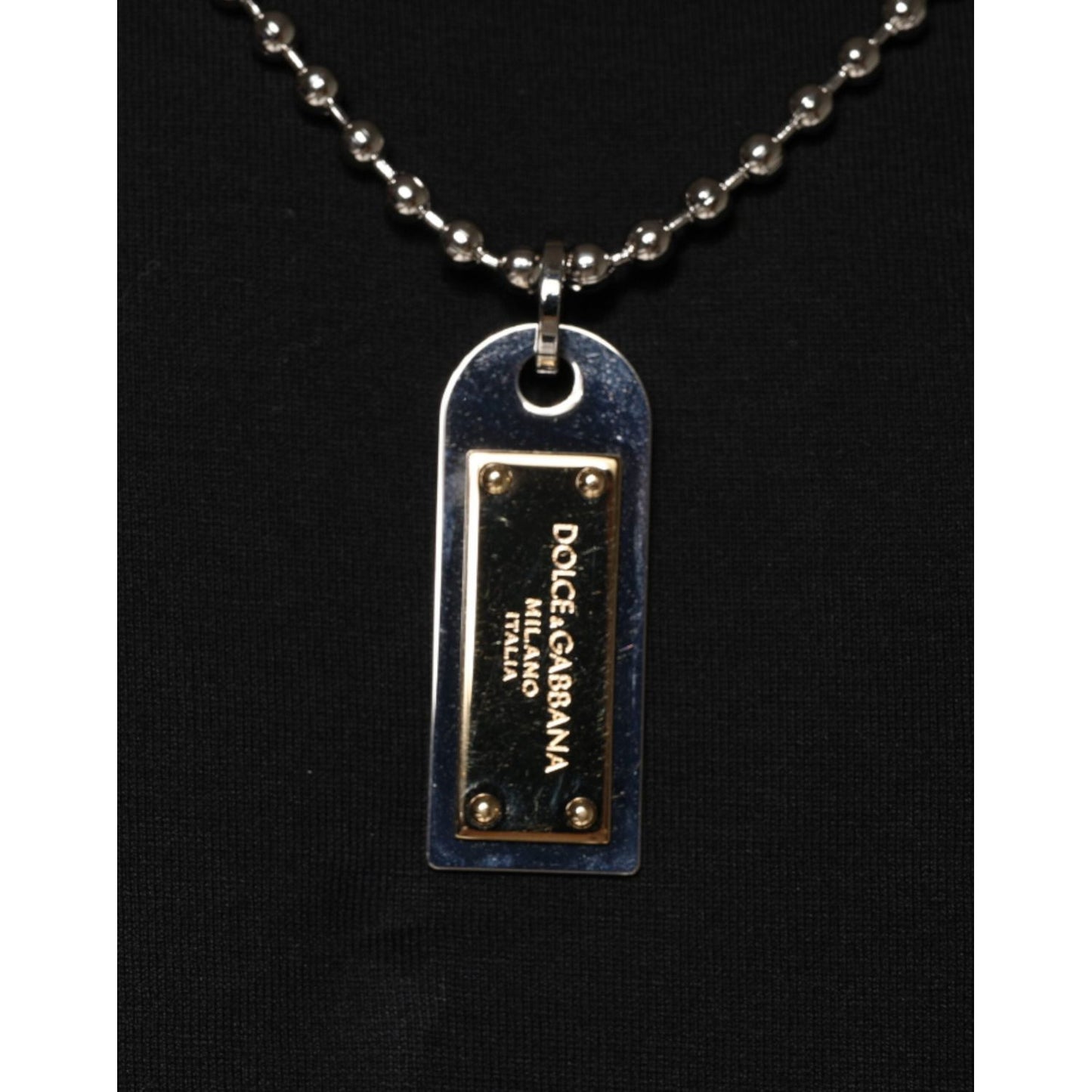 Dolce & Gabbana black cotton T-shirt with gold necklace embellishment and logo detailing, 100% authentic and made in Italy.