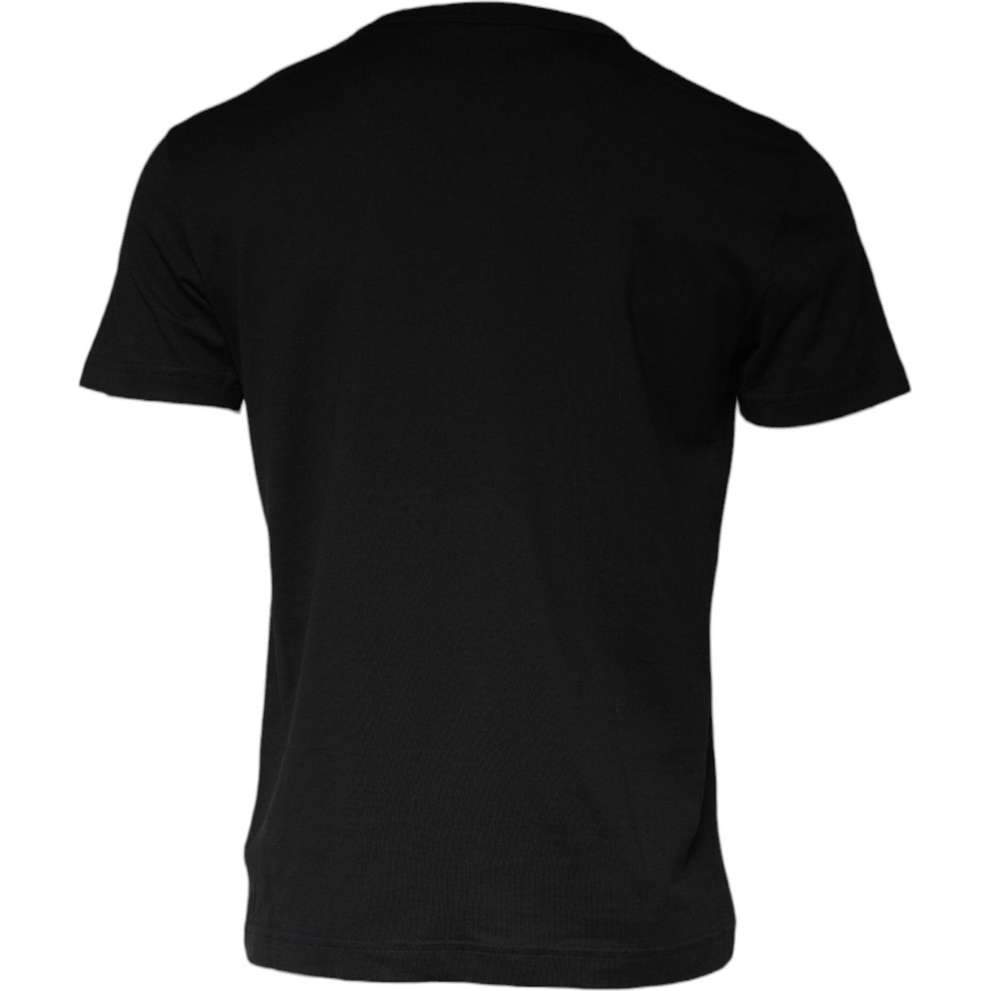 Back view of Dolce & Gabbana black cotton T-shirt, necklace embellished, casual style, made in Italy, logo details visible, short sleeves.