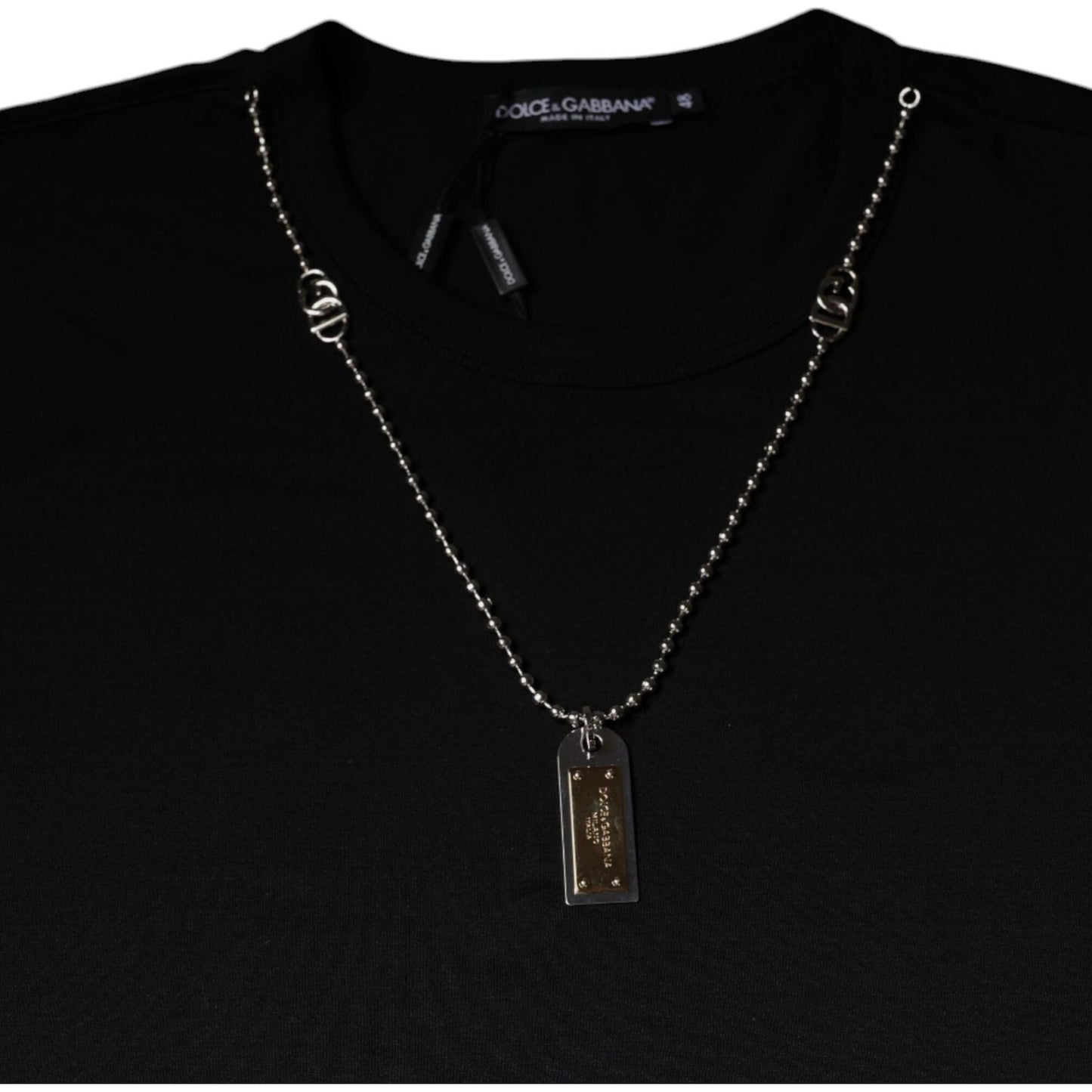 Dolce & Gabbana black cotton T-shirt with necklace embellishment, featuring logo details, made in Italy.