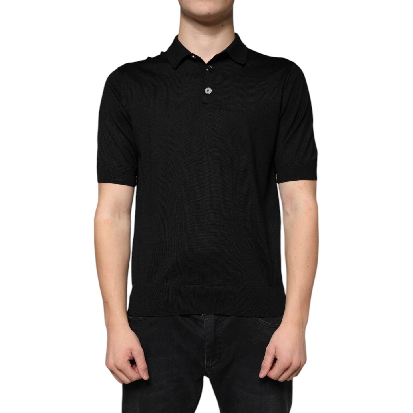 Dolce & Gabbana black silk men's polo shirt with short sleeves and button closure.