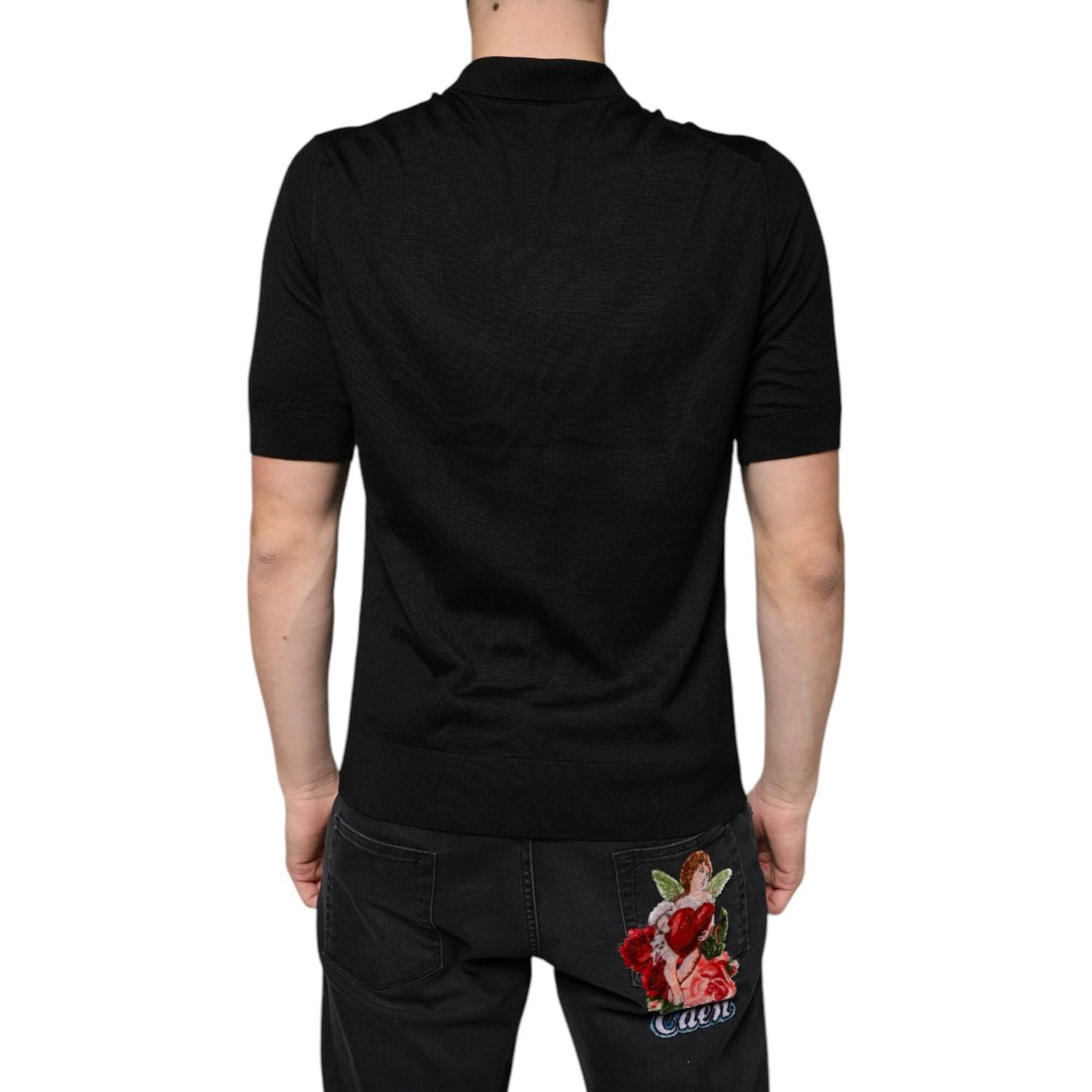 Back view of Dolce & Gabbana black silk short sleeves men's polo t-shirt with minor defect, showcasing regular fit and logo details.