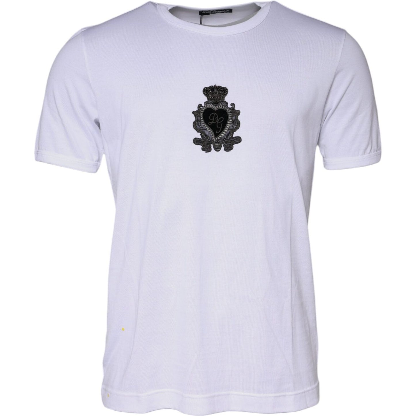 Dolce & Gabbana white cotton crew neck t-shirt with black DG heart embroidery, minor stain on front, short sleeves, made in Italy.