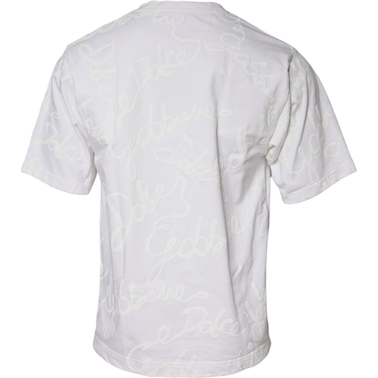 Back of Dolce & Gabbana White Logo Print Cotton Crew Neck T-shirt, showcasing subtle logo pattern and short sleeves, made in Italy.