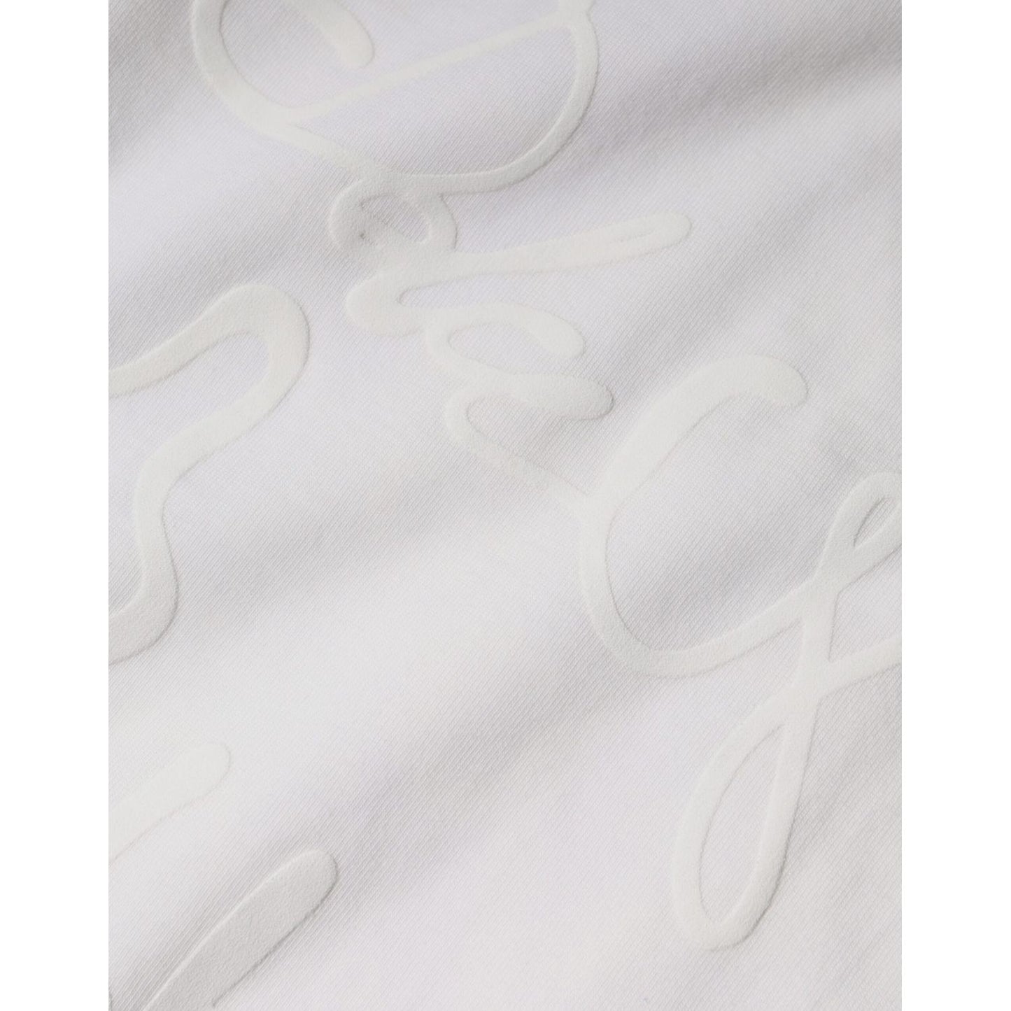 Close-up of Dolce & Gabbana white logo print on cotton crew neck T-shirt, showcasing texture and design details.