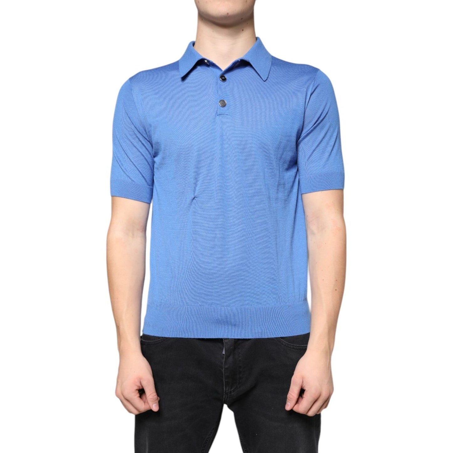 Dolce & Gabbana blue cashmere short sleeve men's polo shirt, regular fit, with minor front repair, button closure