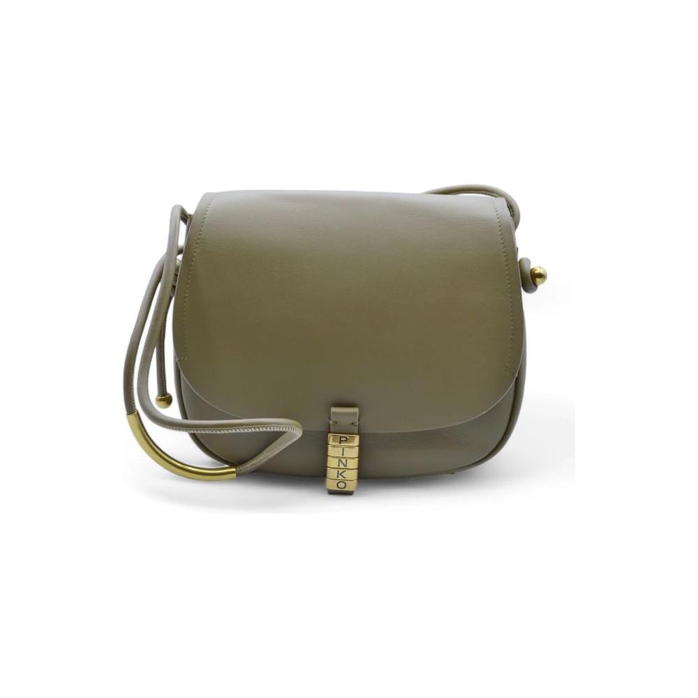 Alt Tag: PINKO green leather women's crossbody bag with gold-tone hardware and iconic logo, featuring magnetic closure and sleek design.