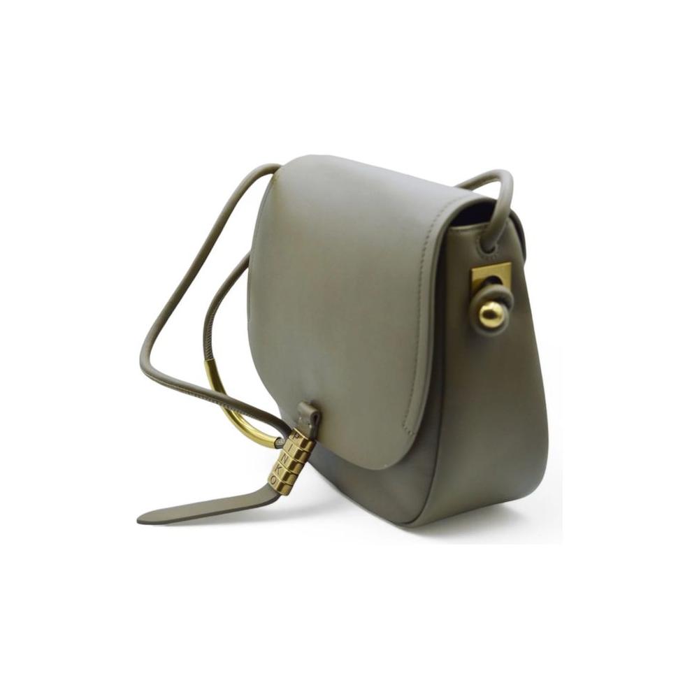 PINKO green leather crossbody bag with gold-tone hardware and magnetic closure, featuring a compartment and pocket, 26x20x9 cm.