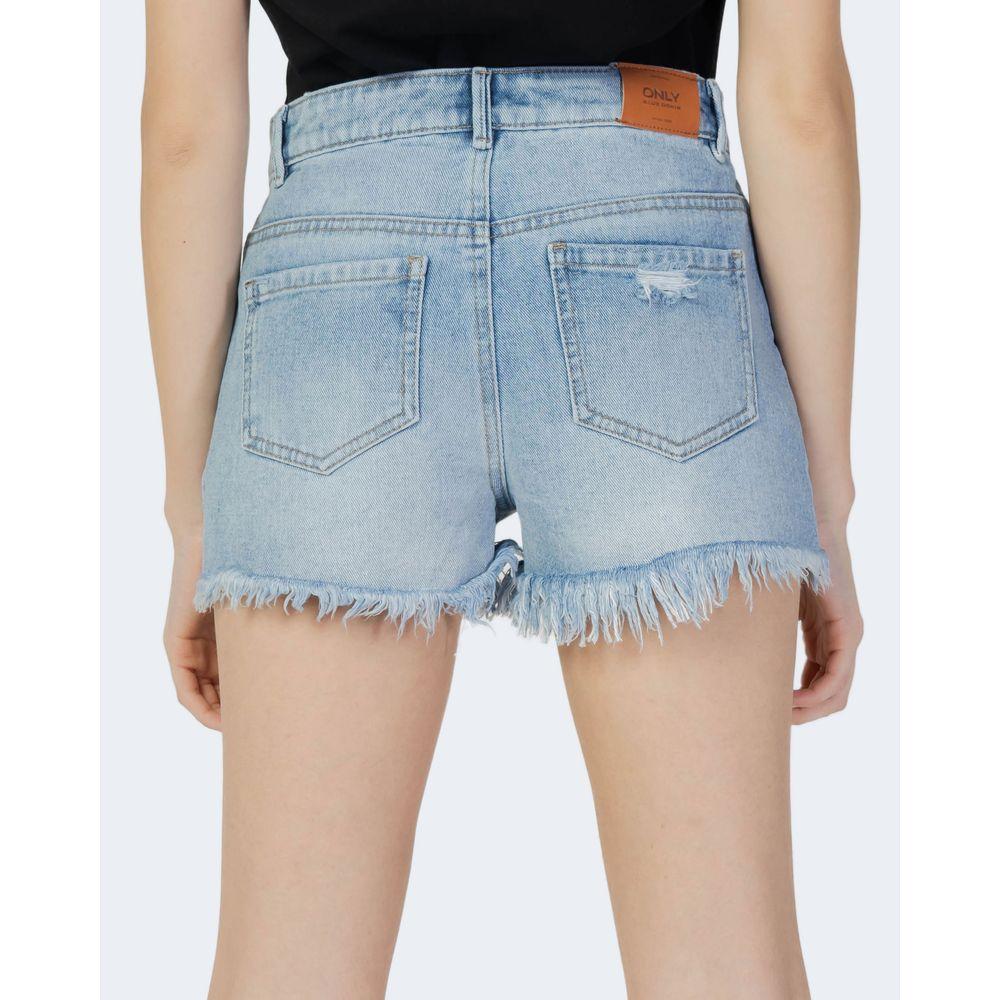 Back view of women's light blue cotton shorts, frayed hem, spring/summer collection, 100% cotton.