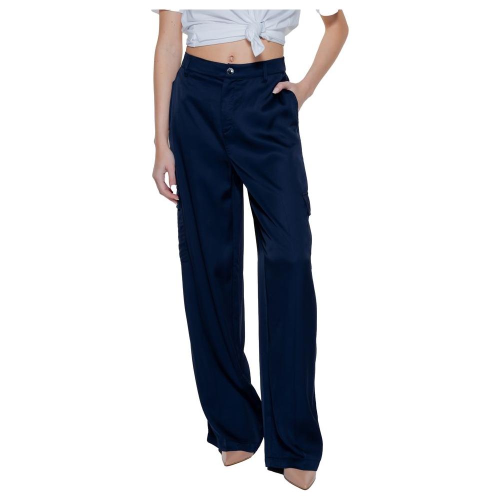 Woman wearing Street One blue viscose palazzo pants, part of the spring/summer collection, made from 100% viscose fabric.
