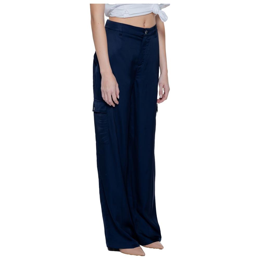 Woman wearing Street One blue viscose Palazzo pants, spring/summer collection, full-length view