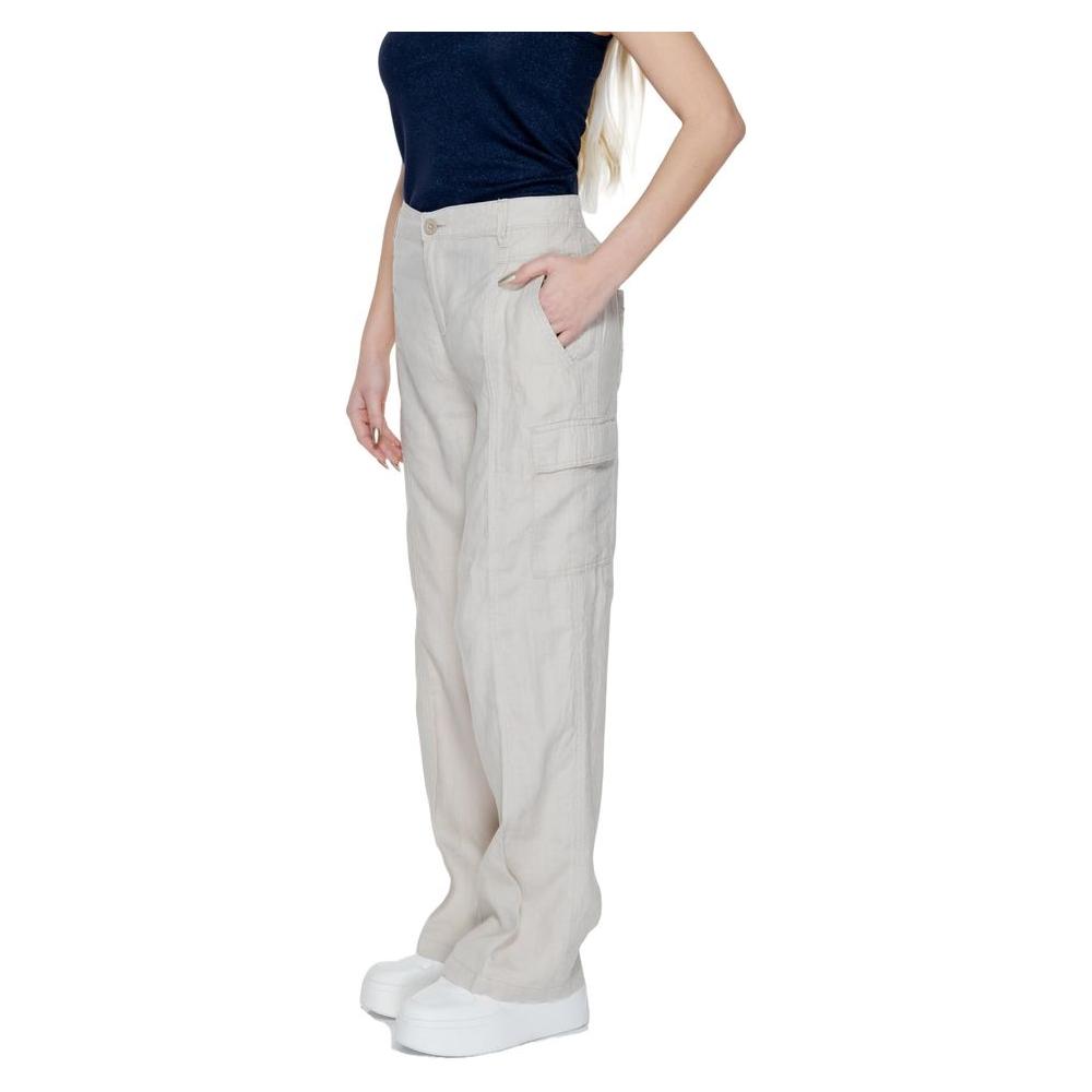 Street One beige linen bootcut pants for women, spring/summer collection, 100% linen, side pockets, casual fit.