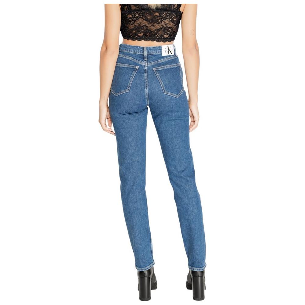 Calvin Klein blue women's slim jeans, fall/winter collection, made of 79% cotton and 20% recycled cotton, back view.