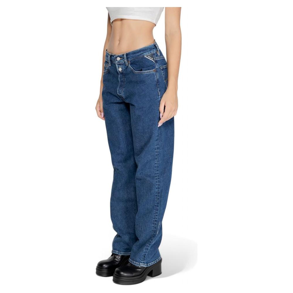 Replay blue cotton jeans for women, featuring a mom fit and regular style, perfect for fall/winter fashion.
