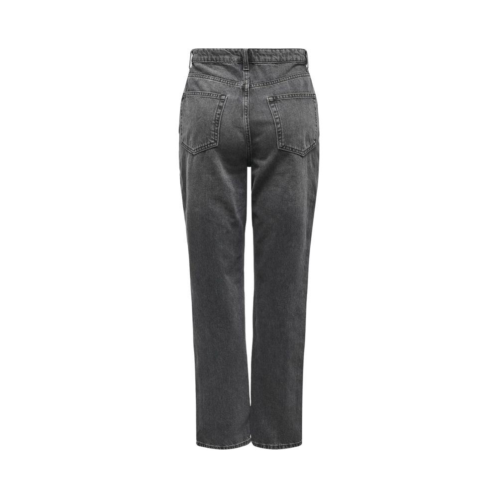 Women's gray cotton jeans for fall/winter, back view. 100% cotton casual pants with elastic waistband and pockets.