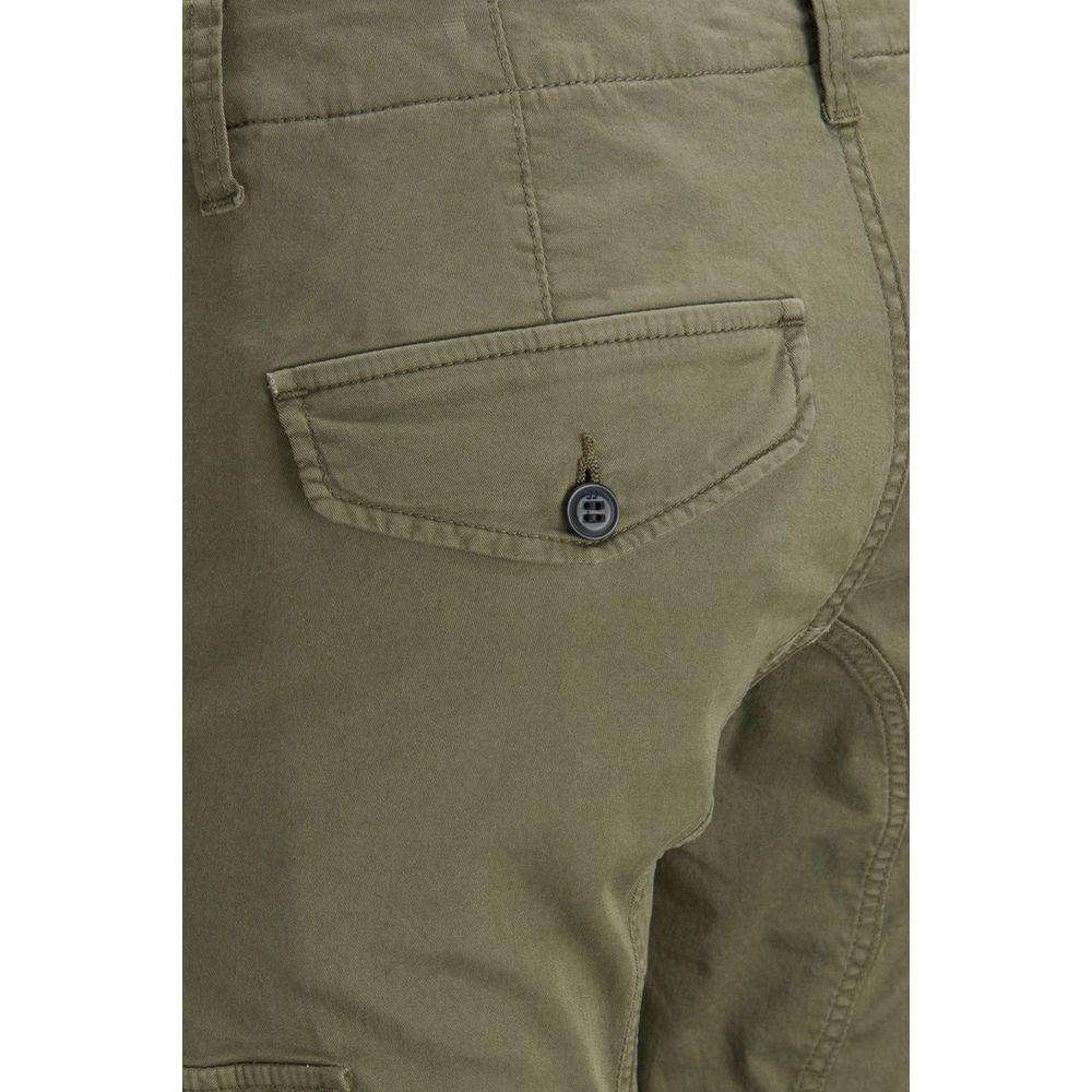 Close-up of back pocket on green Jack Jones cotton jeans with button detail and slim fit design.