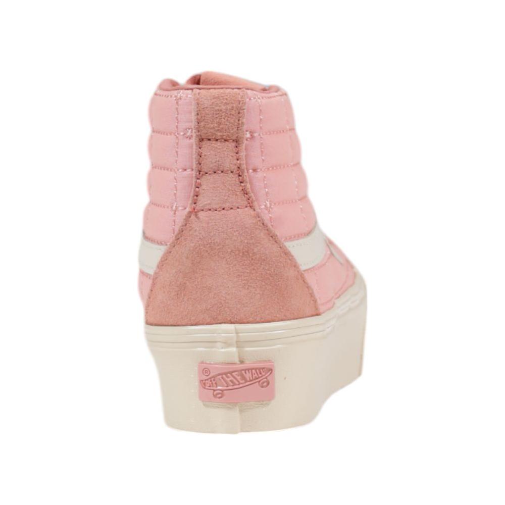 Rear view of Vans multicolor suede leather high-top sneaker with platform sole, showcasing urban style and durability.