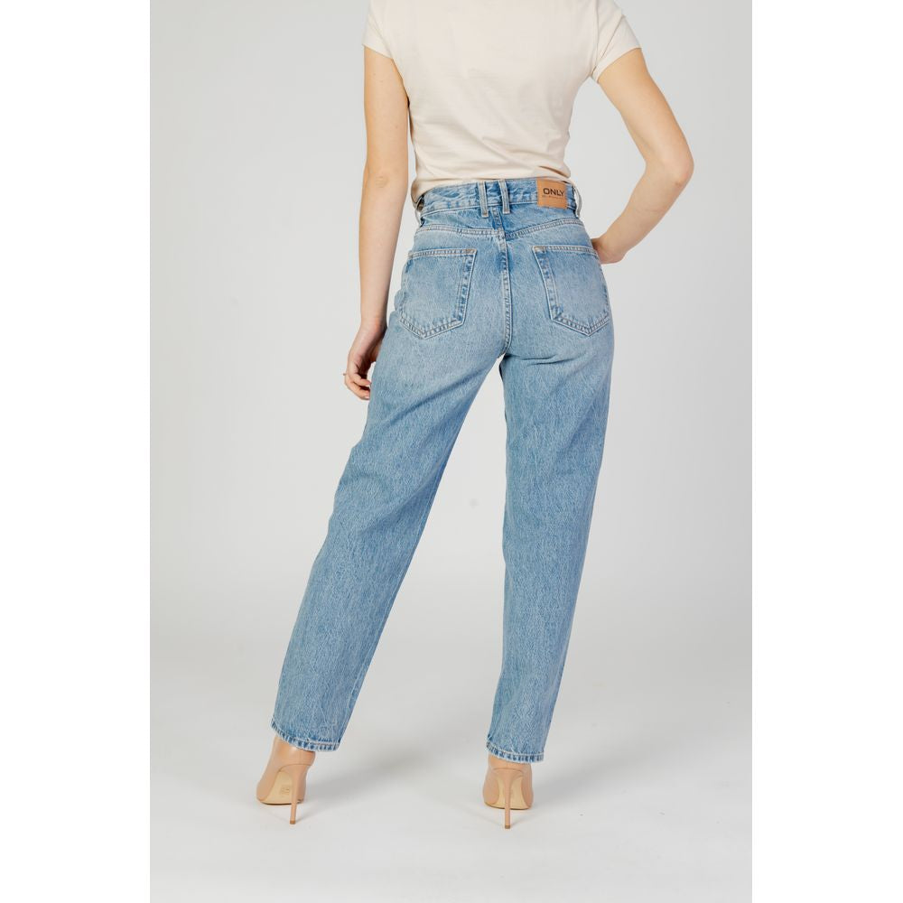Women's light blue cotton jeans, autumn/winter collection, featuring 80% cotton and 20% recycled fabric, back view.