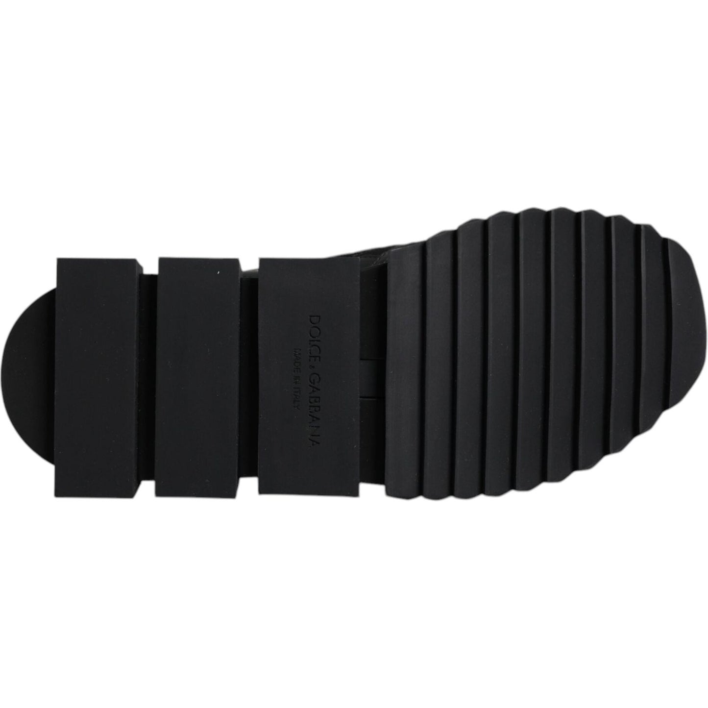 Sole view of Dolce & Gabbana Black Sorrento Logo Men Sneakers, showcasing ribbed design and brand detail.