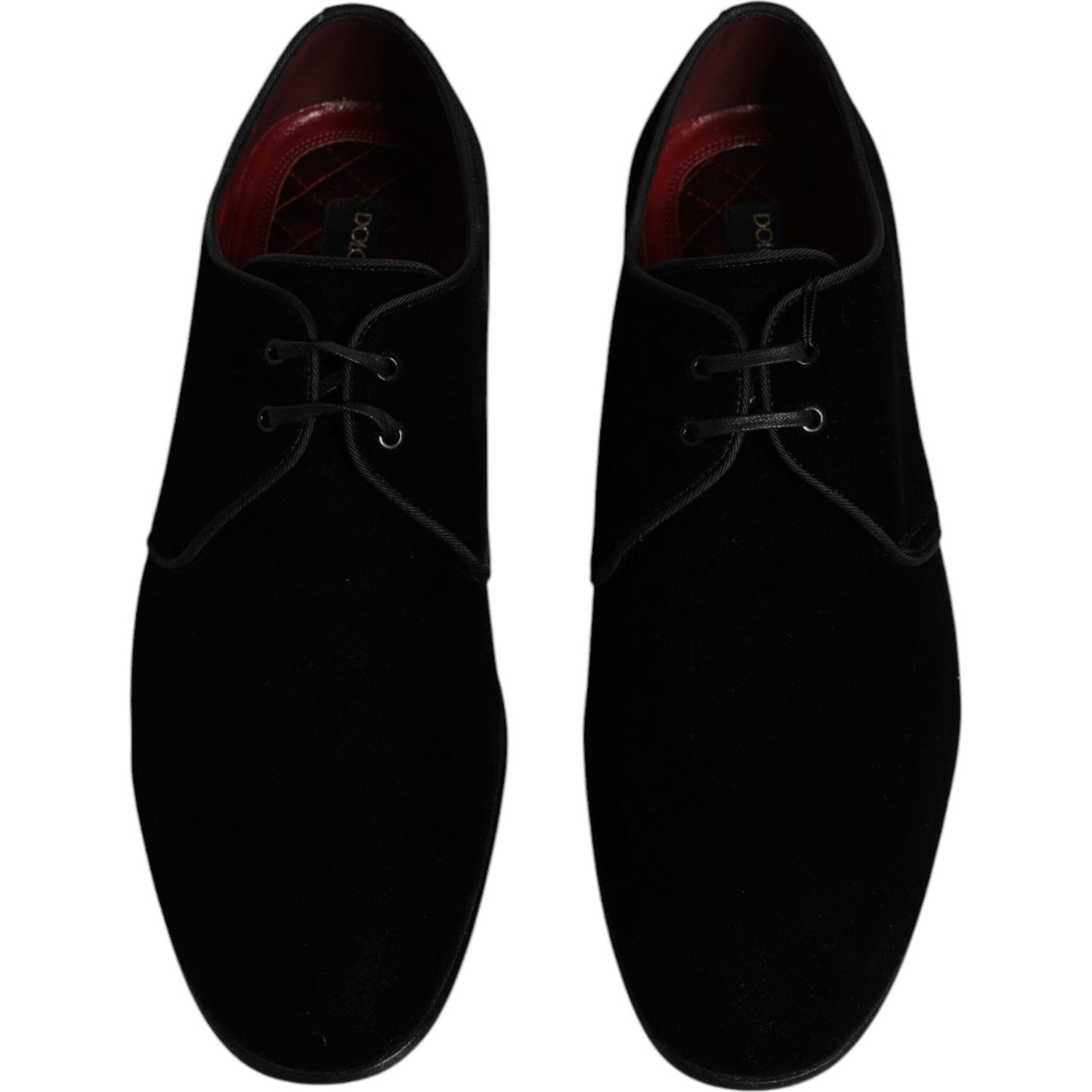 Dolce & Gabbana black velvet leather derby shoes with lace-up closure, crafted in Italy. High-quality men's dress shoes for formal wear.