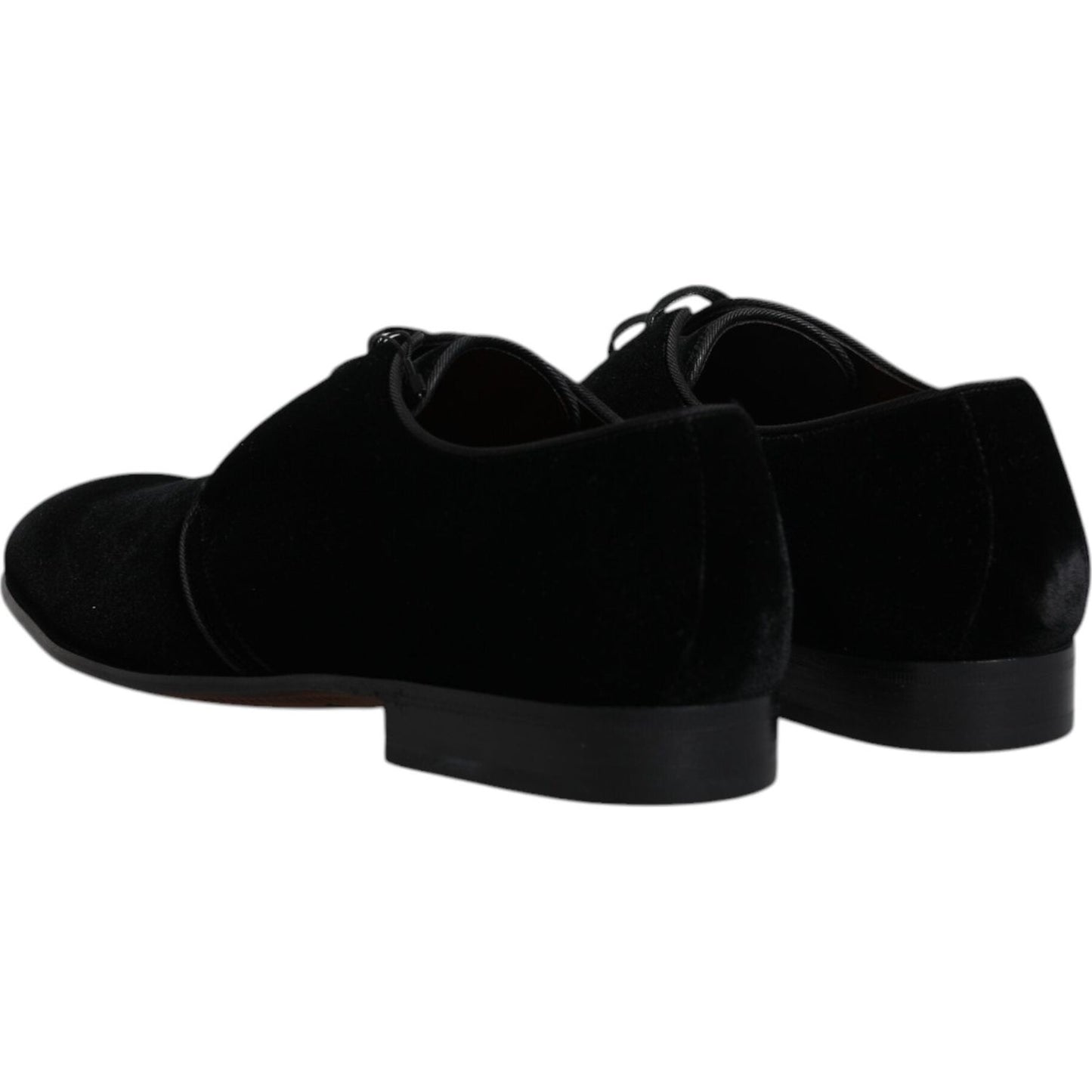 Back view of Dolce & Gabbana black velvet leather lace-up Derby shoes with leather soles, elegant men's footwear made in Italy.