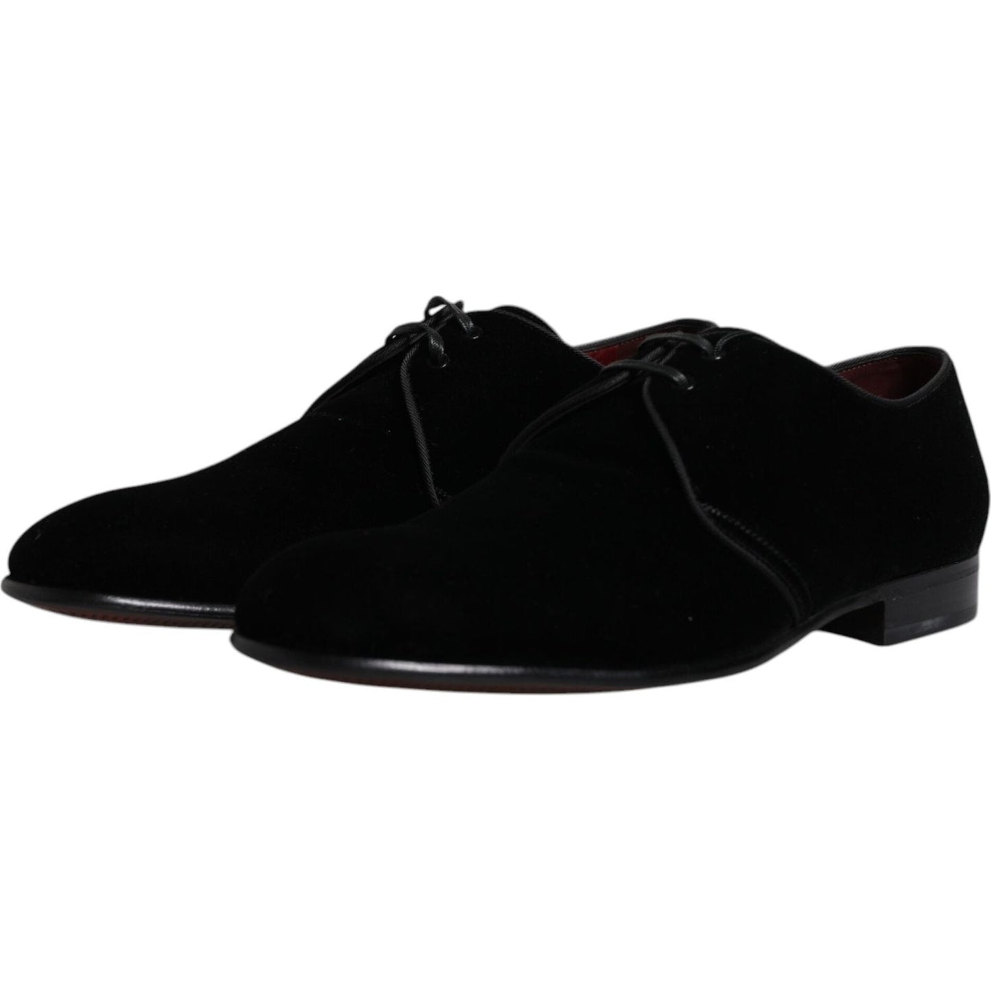 Dolce & Gabbana black velvet leather derby shoes for men, featuring lace-up design and logo details, made from 100% calf leather.