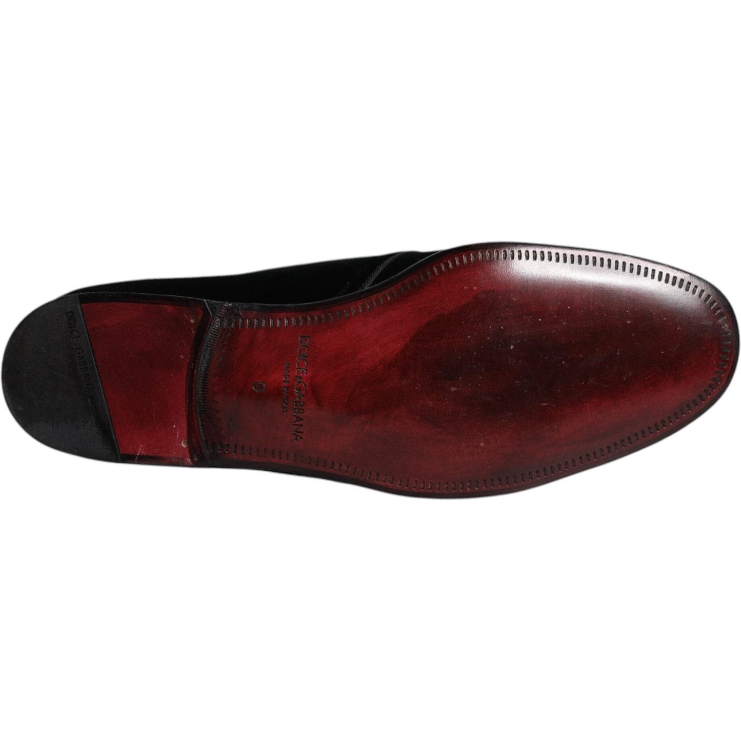 Dolce & Gabbana men's black velvet leather derby shoe, showcasing luxurious leather sole with logo detail, made in Italy.