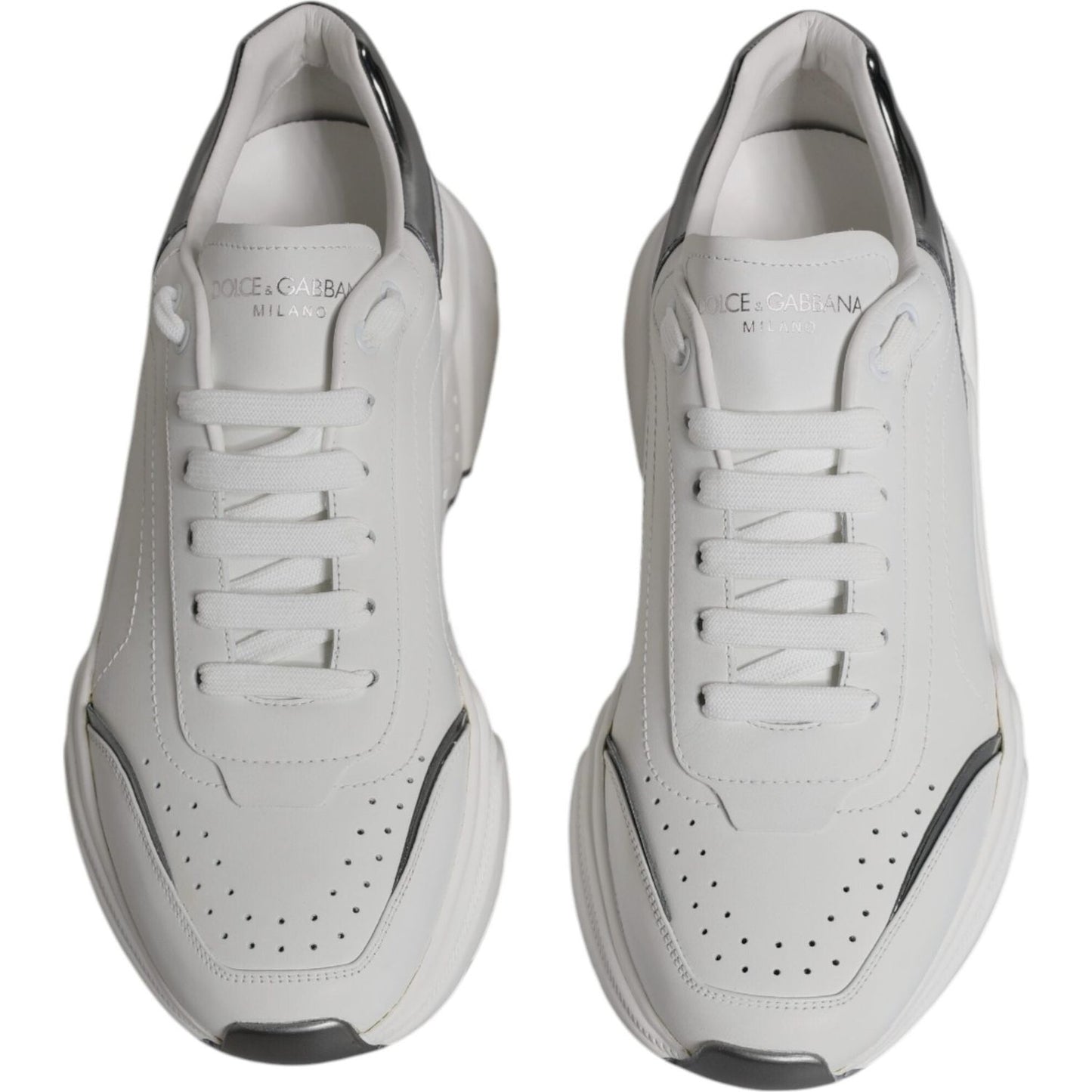 Dolce & Gabbana Daymaster white silver leather sneakers, low-top design, logo detail, rubber sole, high craftsmanship, made in Italy.