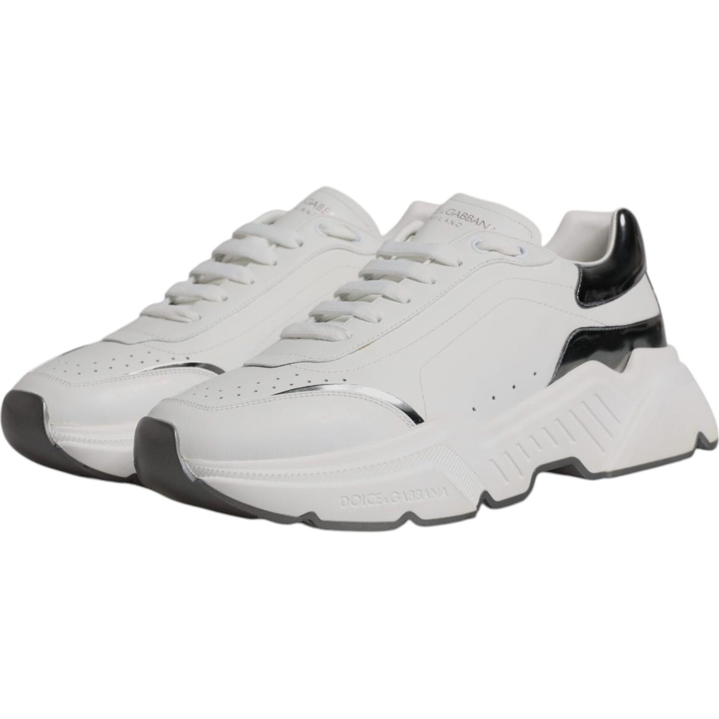Dolce & Gabbana White Silver DAYMASTER Leather Sneakers with logo, lace-up closure, and rubber sole, made in Italy, luxury design.