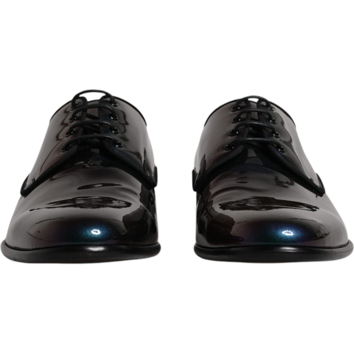 Dolce & Gabbana Peacock Patent Leather Derby Men's Dress Shoes with lace-up closure and leather sole, multicolor, front view.