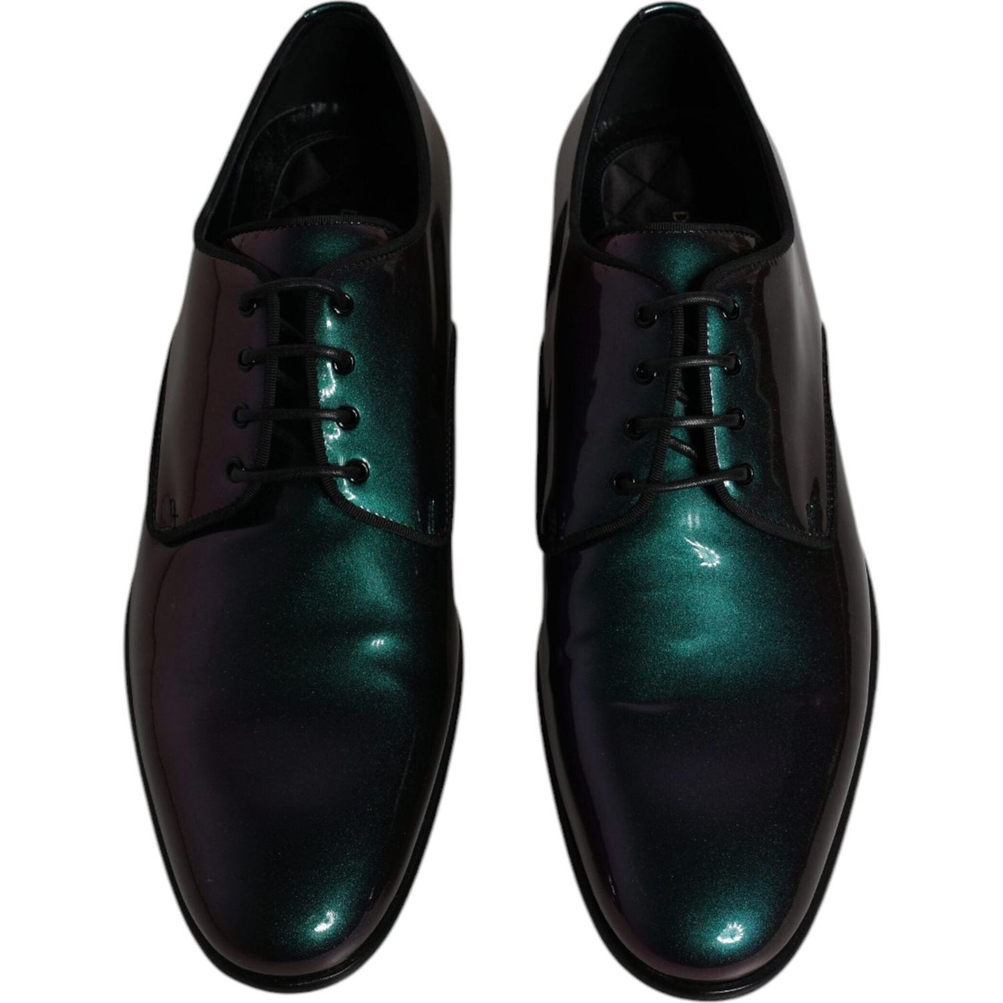 Dolce & Gabbana multicolor peacock patent leather derby men's dress shoes with lace-up closure, made in Italy.