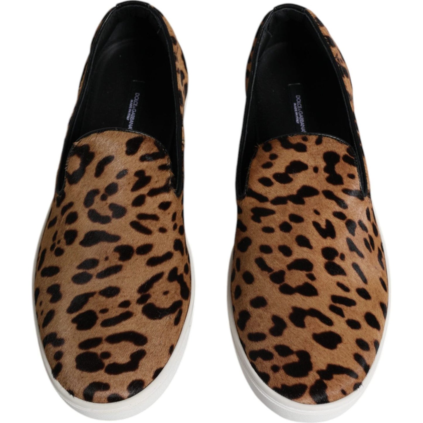 Dolce & Gabbana brown calfskin leopard print men's slip-on sneakers with rubber sole, luxury footwear, made in Italy.