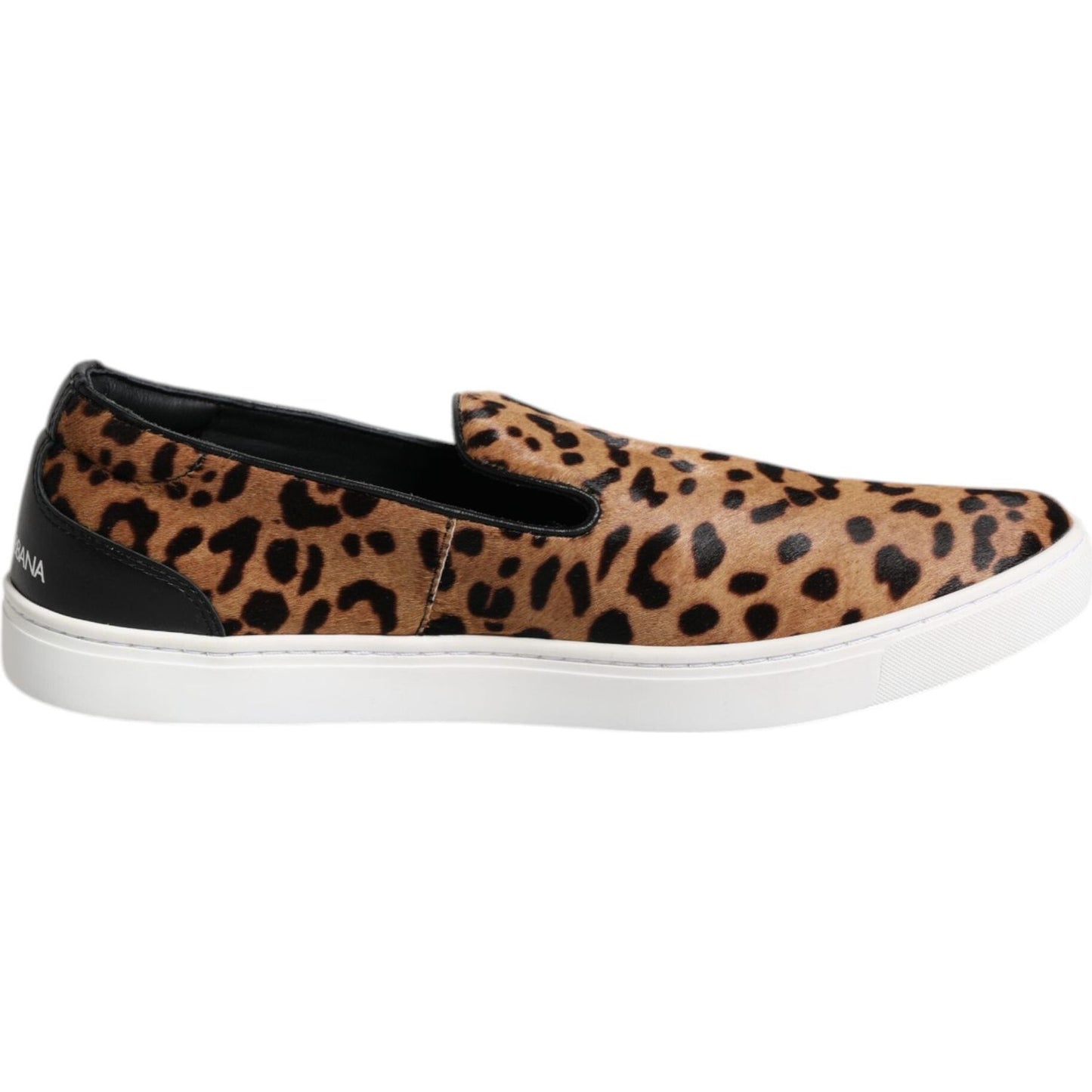 Dolce & Gabbana brown leopard print calfskin sneakers with rubber sole and logo details, side view.