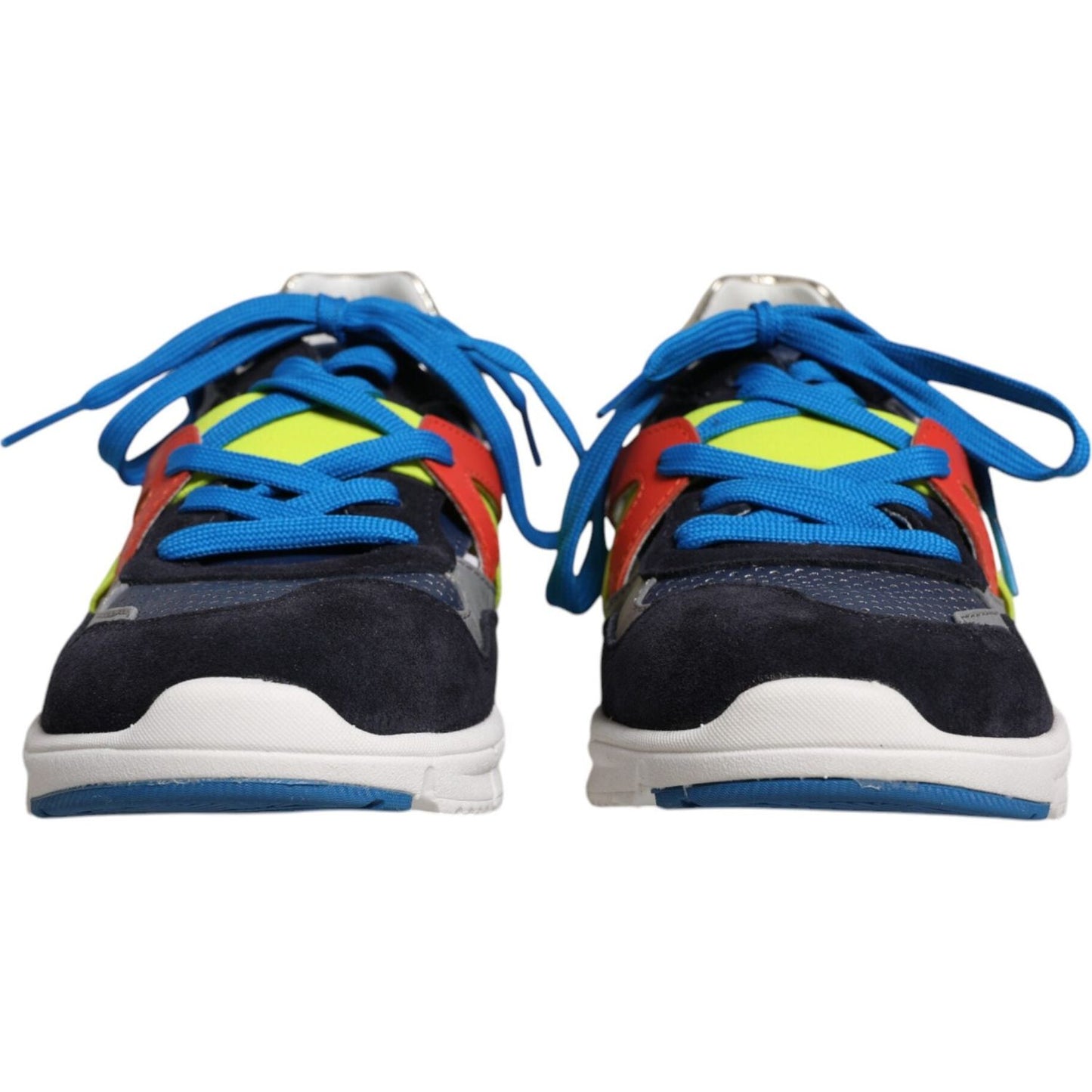 Dolce & Gabbana multicolor low top sneakers in leather and suede with blue laces and rubber sole, front view.