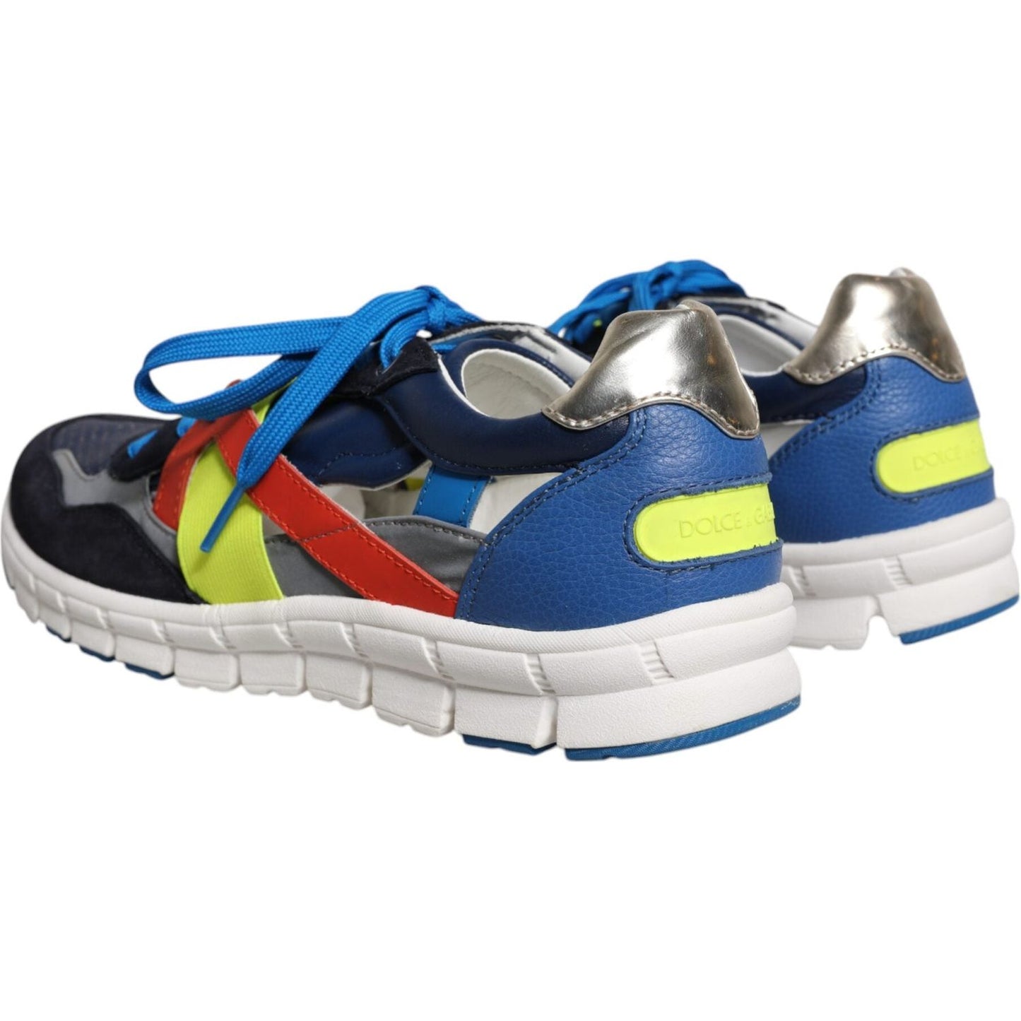 Dolce & Gabbana multicolor leather suede sneakers with blue laces, rubber sole, and logo details.