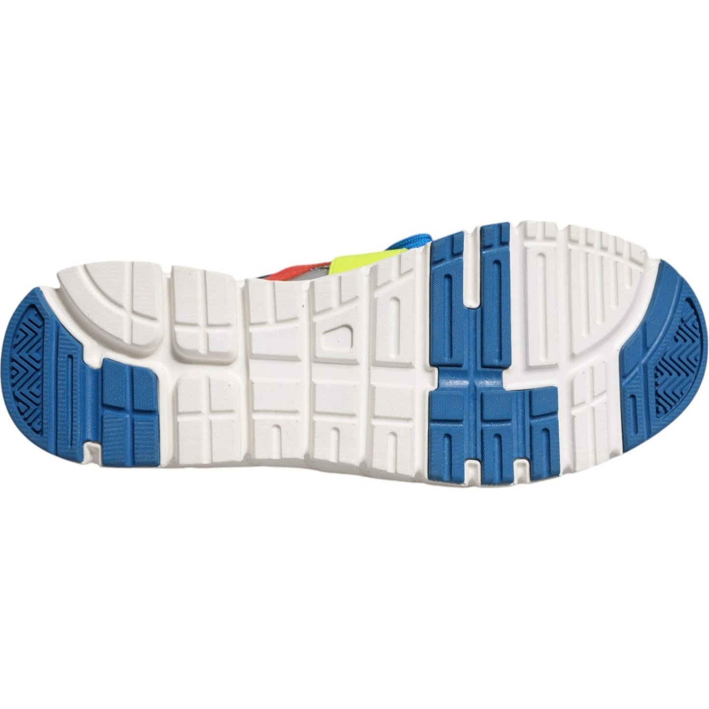 Sole view of Dolce & Gabbana Multicolor Leather Suede Low Top Sneakers with blue and white rubber sole detailing.
