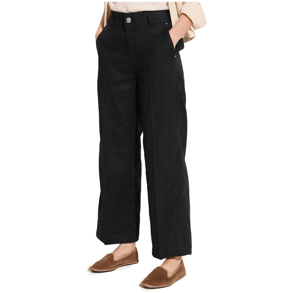 Street One women's black linen palazzo pants for spring/summer, front view with hands in pockets, 100% linen composition.