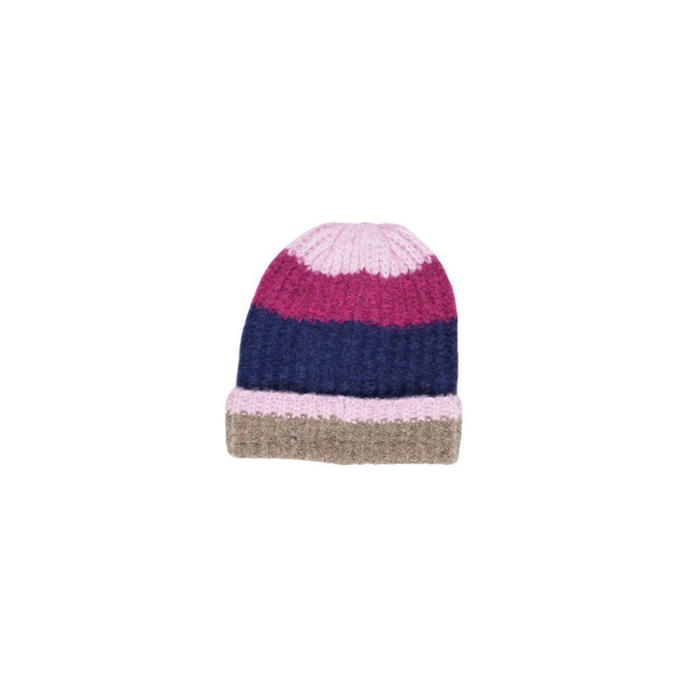 Pieces blue acrylic hat with pink and beige stripes, stylish and cozy beanie for women, perfect for winter outfits.