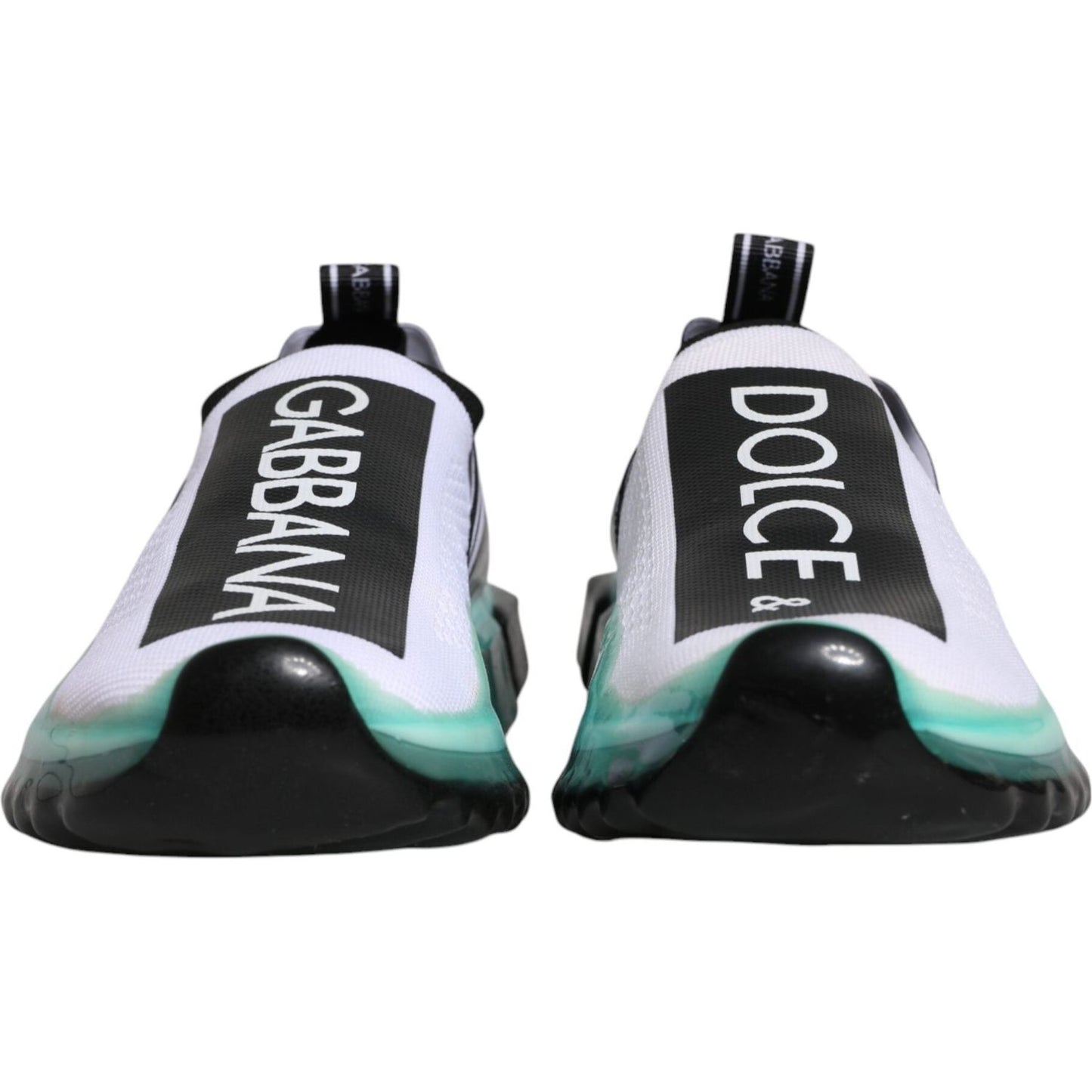 Dolce & Gabbana Sorrento slip-on sneakers in white and blue with black logo print and multicolor sole, view from the front.