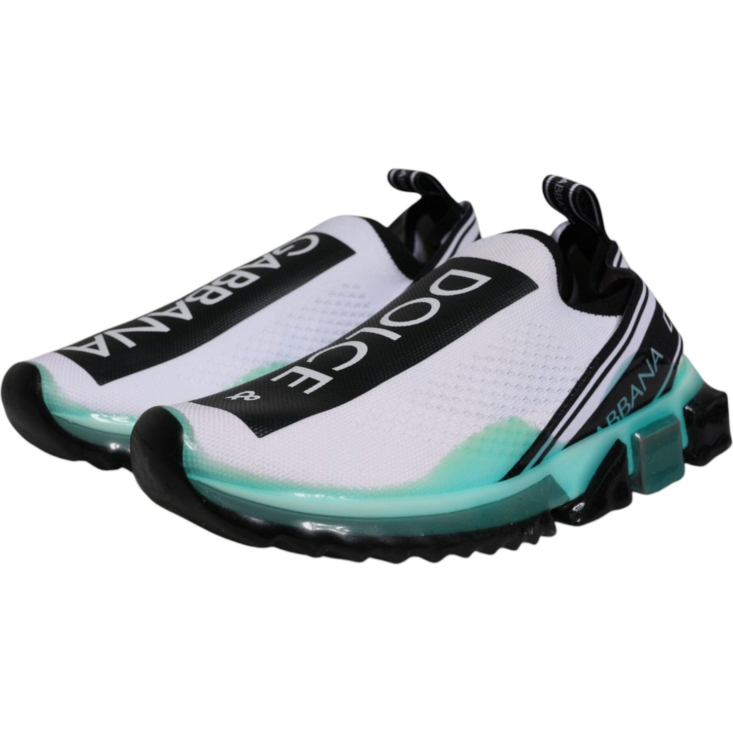 Dolce & Gabbana Sorrento black and blue slip-on sneakers with white logo print, pull strap, and multicolor rubber sole.