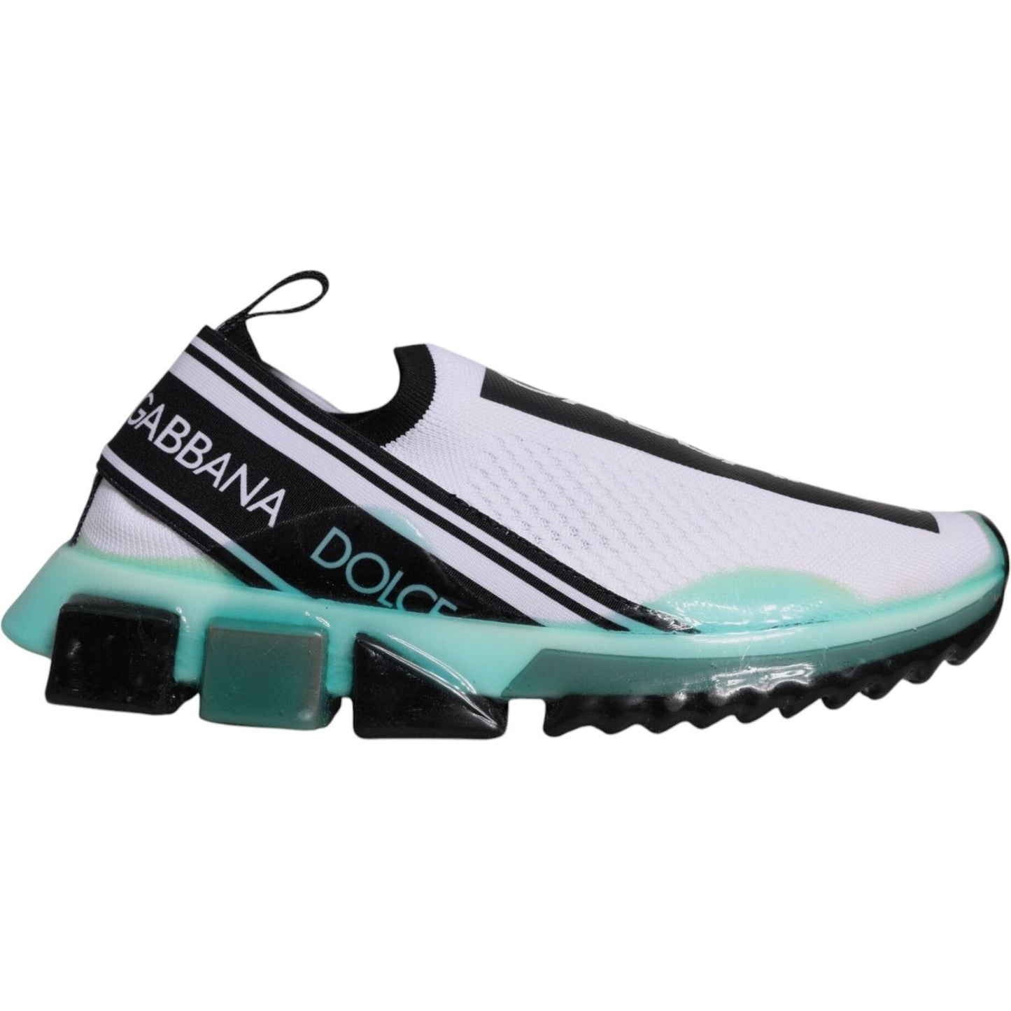 Dolce & Gabbana Sorrento slip-on sneakers in white and blue with logo print and multicolor rubber sole.