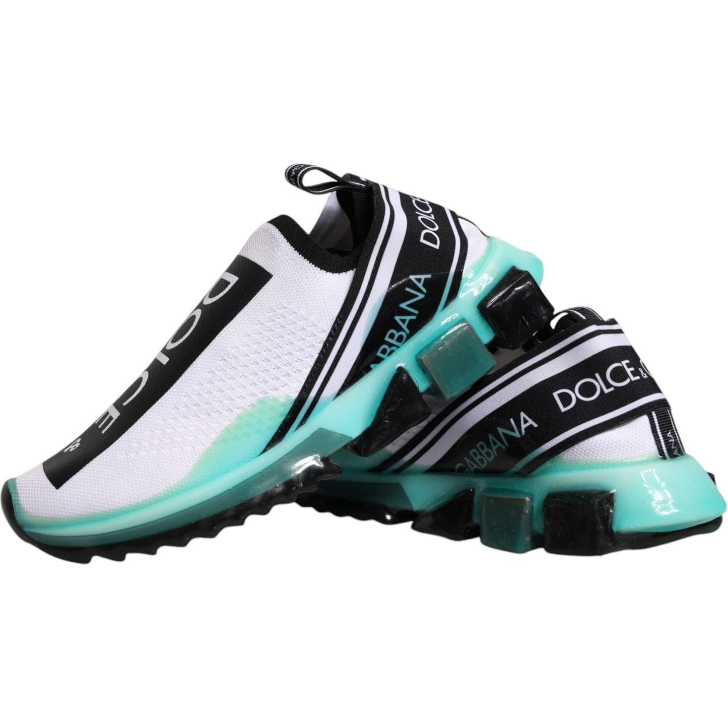 Dolce & Gabbana Sorrento sneakers in white and black with logo details, featuring a fabric pull strap and multicolor rubber sole.