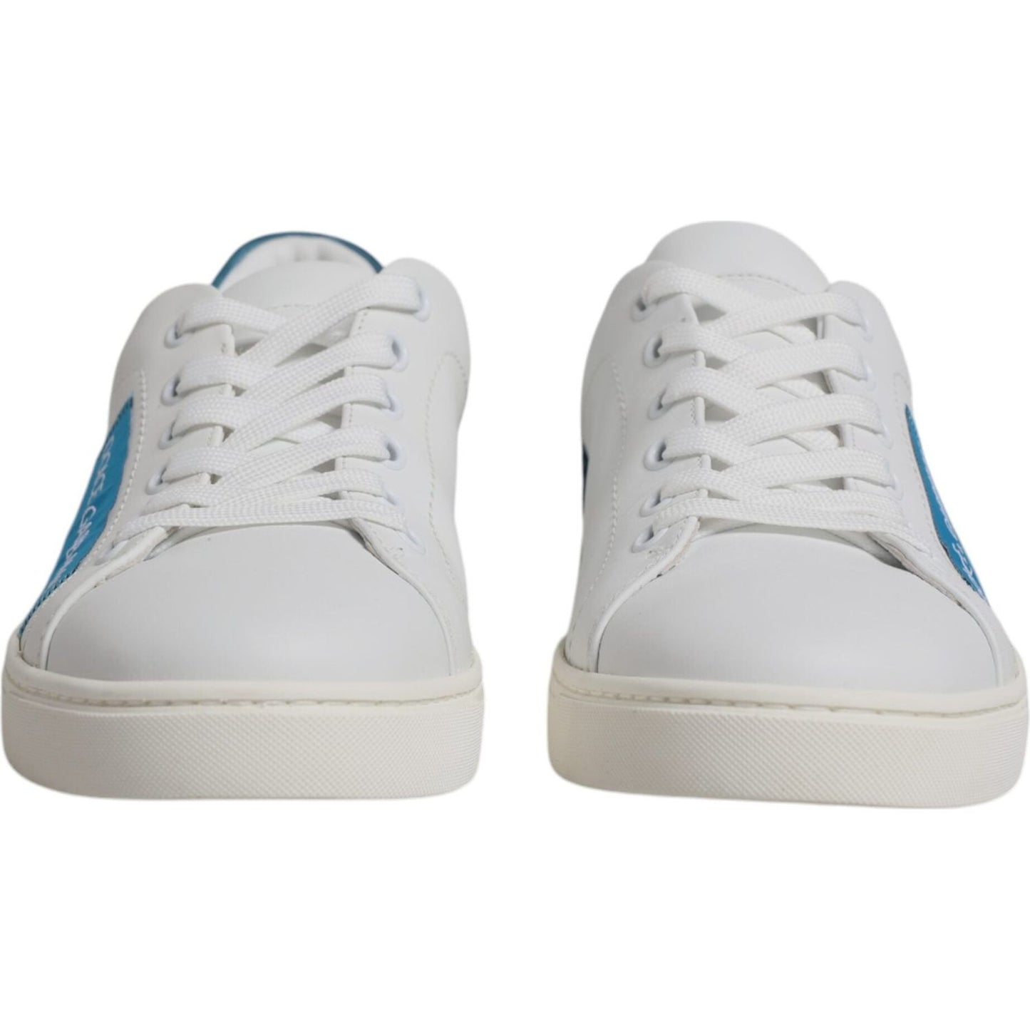 Dolce & Gabbana white leather sneakers, blue accents, rubber sole, lace-up, high craftsmanship, made in Italy, front view