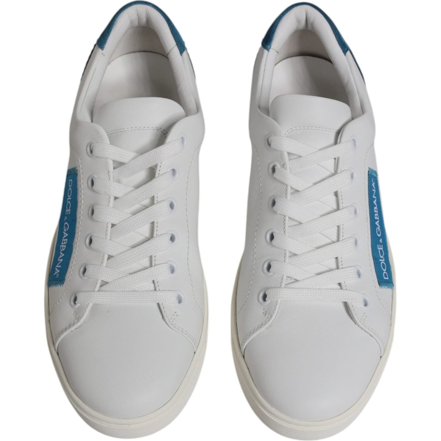 Dolce & Gabbana white London calf leather sneakers with blue logo, rubber sole, lace-up closure, made in Italy, exclusive craftsmanship.