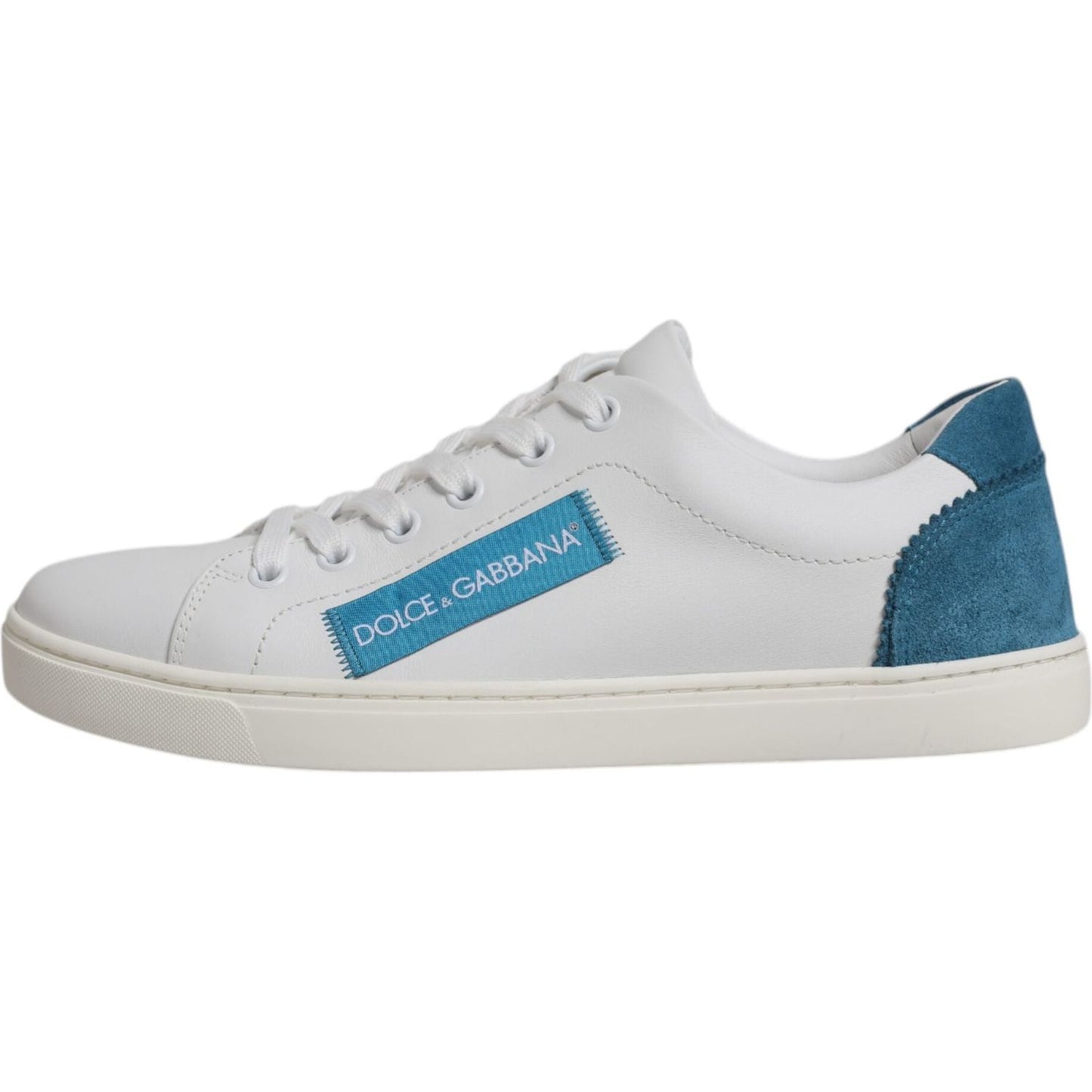 Dolce & Gabbana white leather sneakers with blue logo and accents, rubber sole, lace-up. Made in Italy, high-quality craftsmanship.