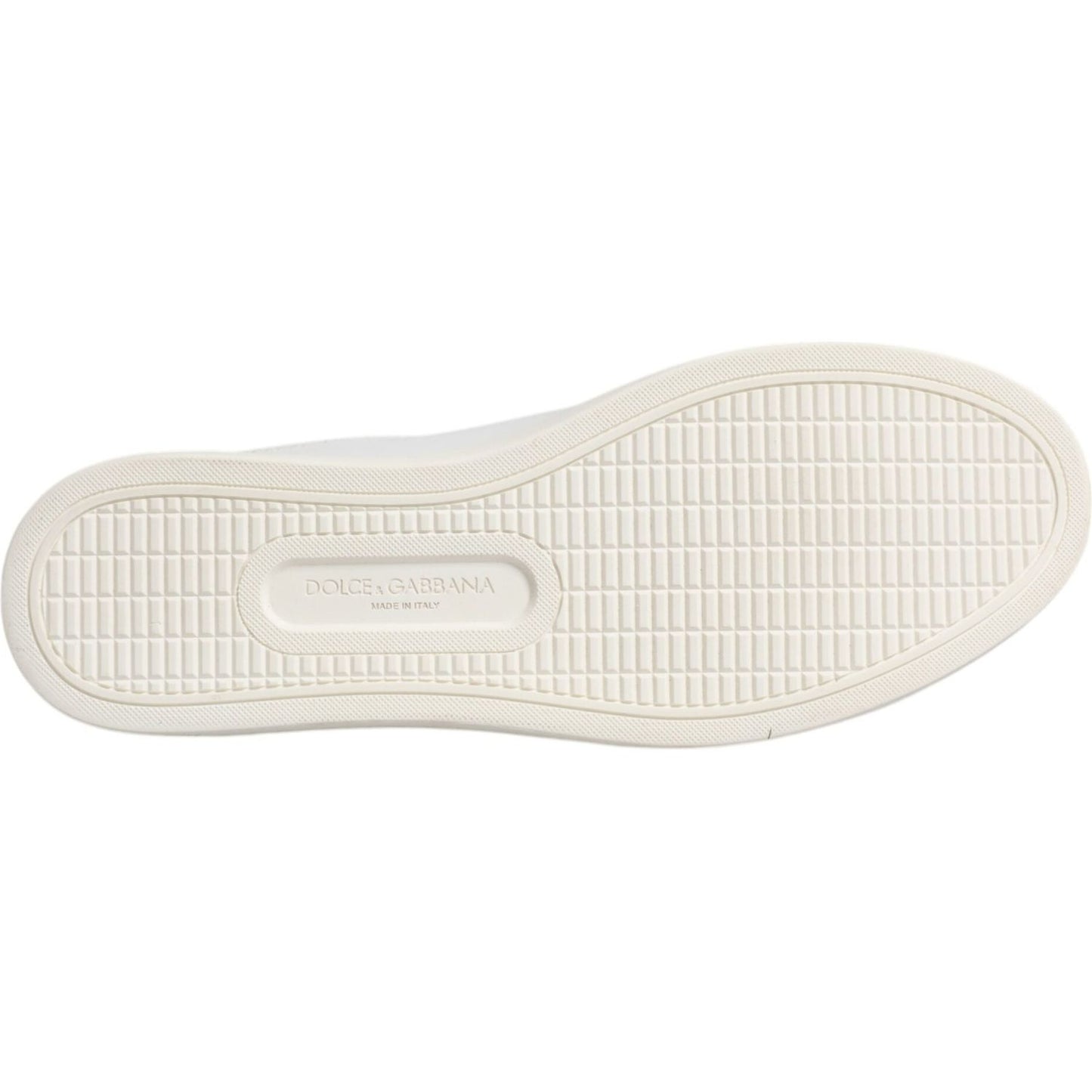 Sole of Dolce & Gabbana White London Calf Leather Sneakers with logo detail, made in Italy, showcasing rubber craftsmanship.