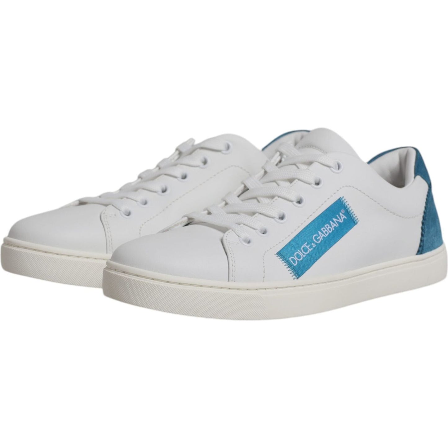 Dolce & Gabbana white calf leather sneakers with blue accents, London model, luxury low top shoes with rubber sole and lace-up closure
