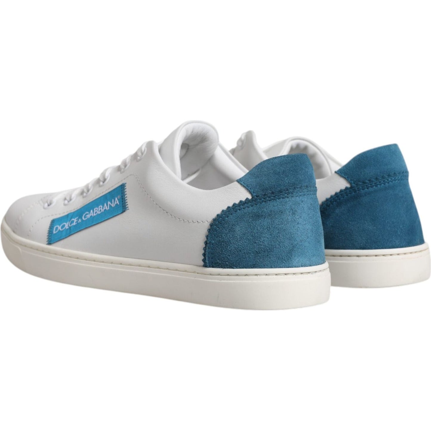 Dolce & Gabbana white calf leather sneakers with blue accents, rubber sole, lace-up closure, branded detail, Italian craftsmanship.
