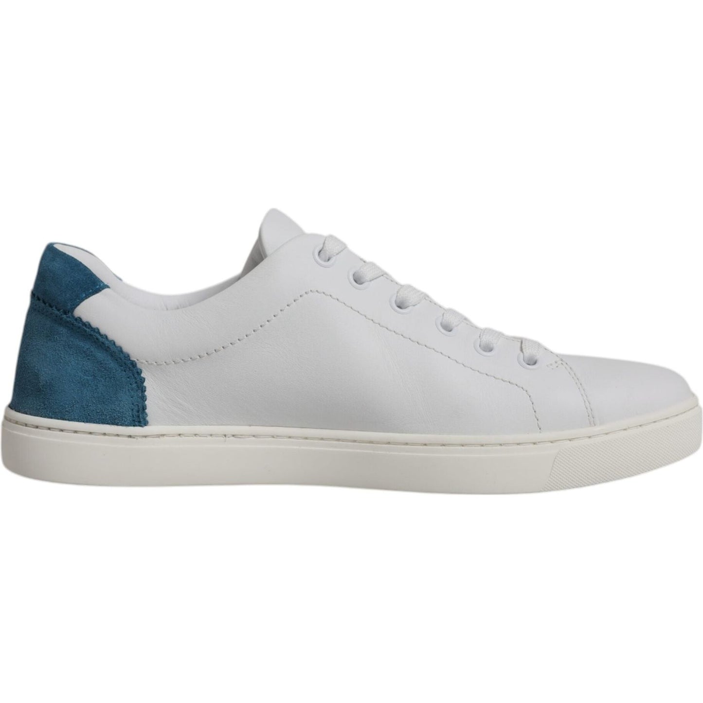 Dolce & Gabbana London white calf leather sneakers with blue heel, rubber sole, and lace-up closure, made in Italy.