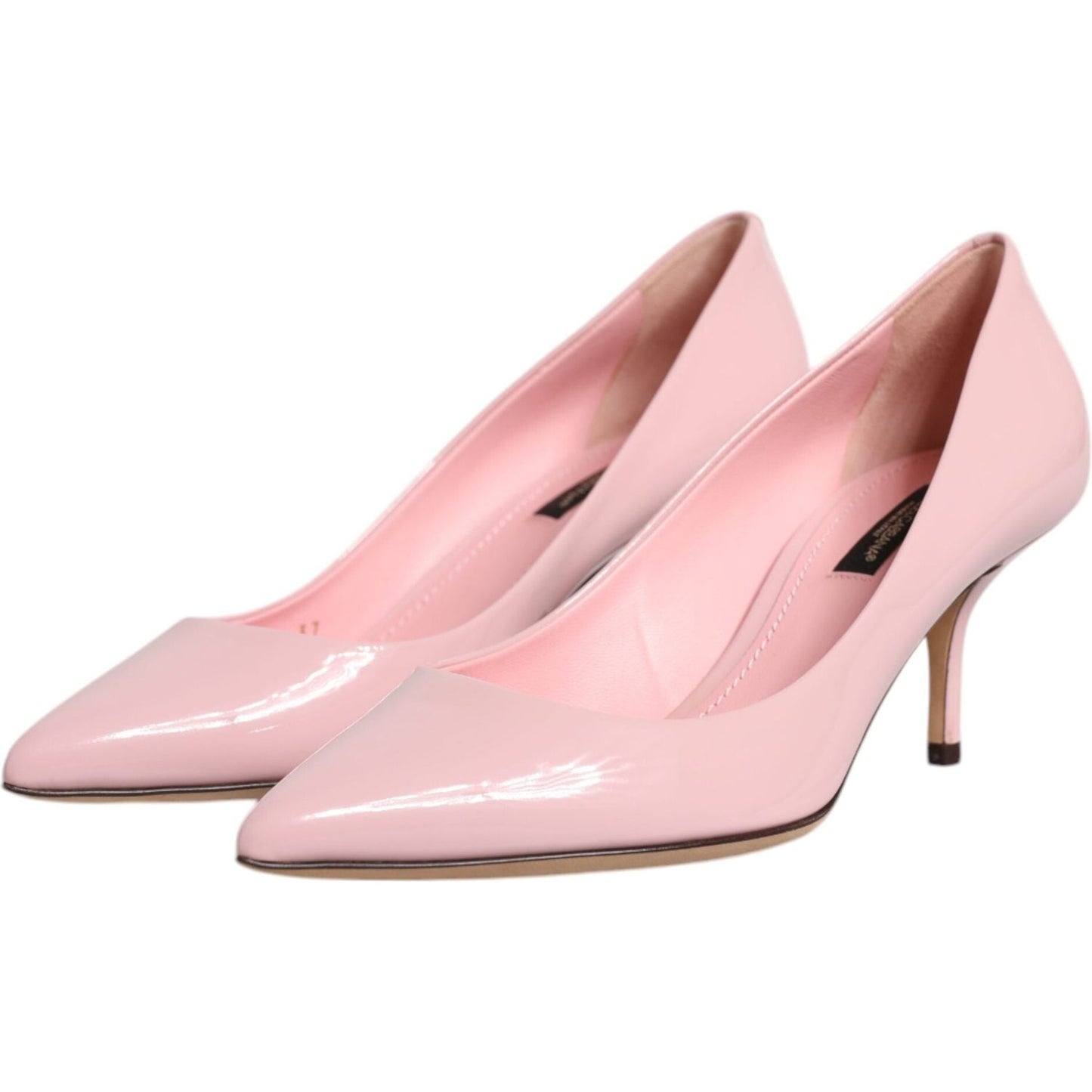 Dolce & Gabbana light pink patent leather heels pumps, stylish calf leather footwear with logo details, made in Italy.
