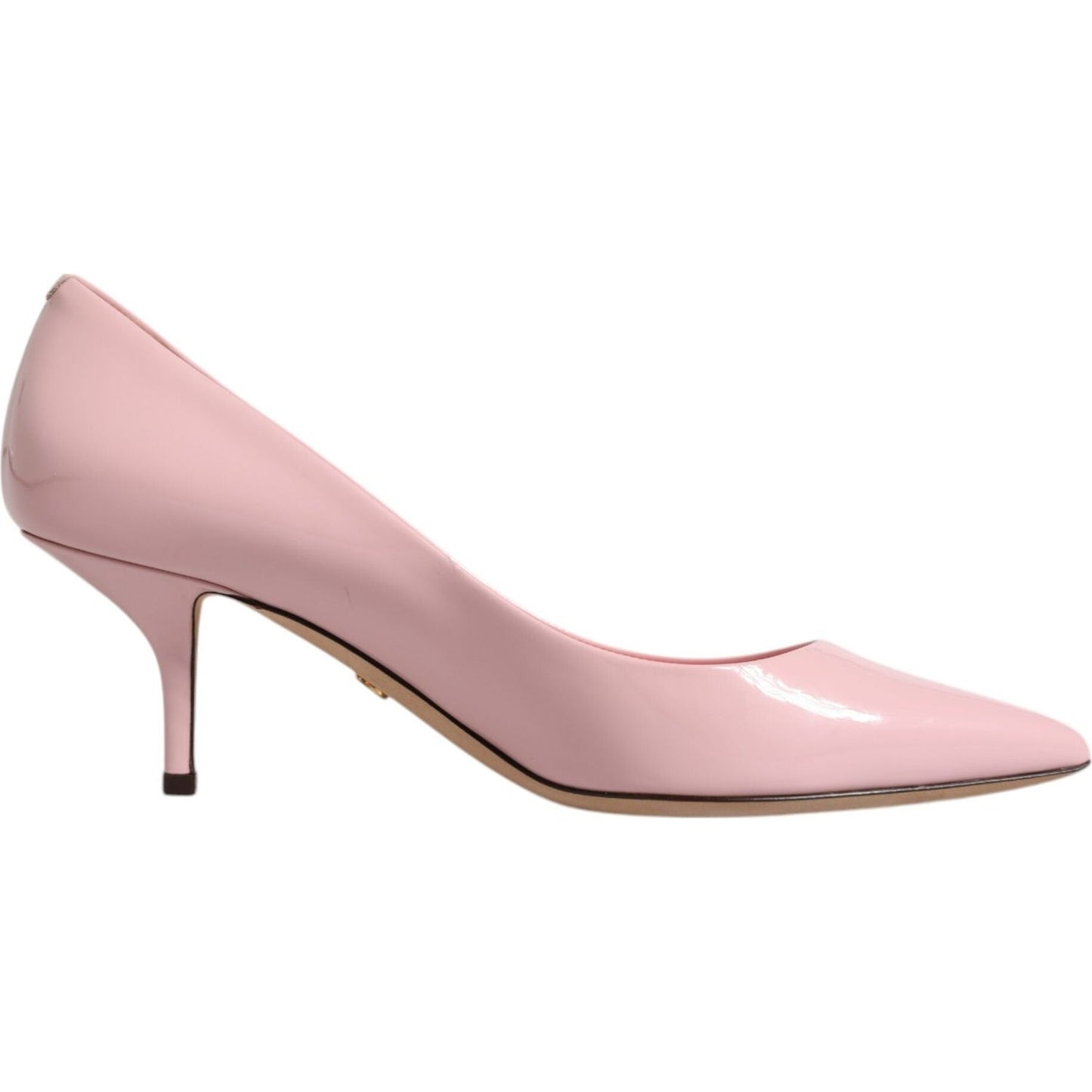 Dolce & Gabbana light pink patent leather heels with minor discolorations, made in Italy, elegant calf leather pumps, logo detail.